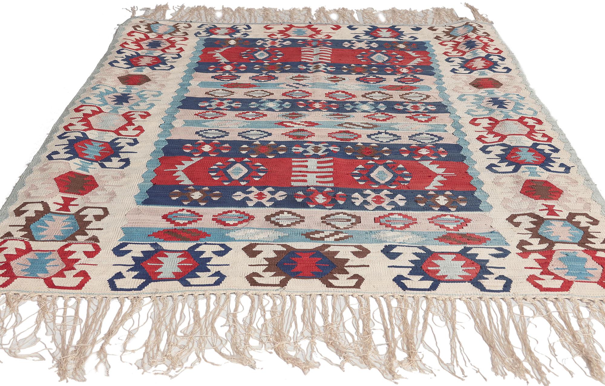 Hand-Woven Vintage Turkish Kilim Rug, Boho Chic Meets Patriotic Flair For Sale