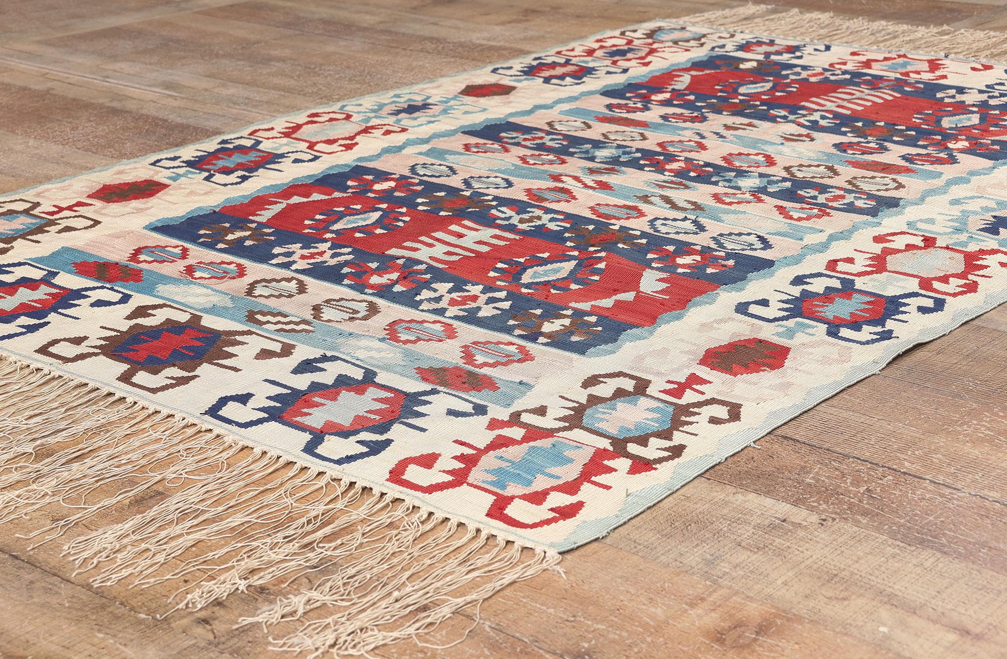 20ième siècle Tapis Kilim turc vintage, style Boho Chic rencontre la paire patriotique en vente