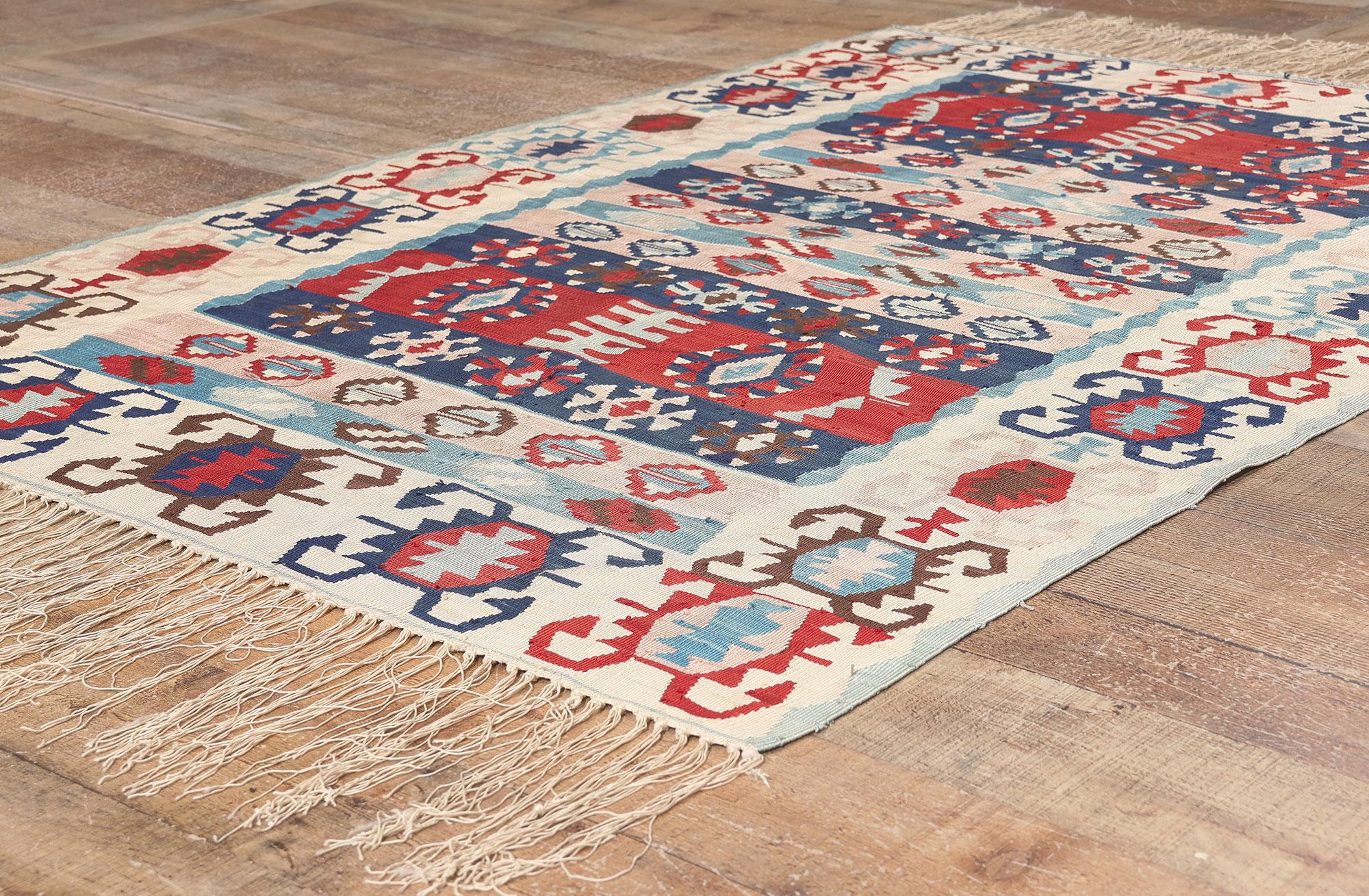 Silk Vintage Turkish Kilim Rug, Boho Chic Meets Patriotic Flair For Sale