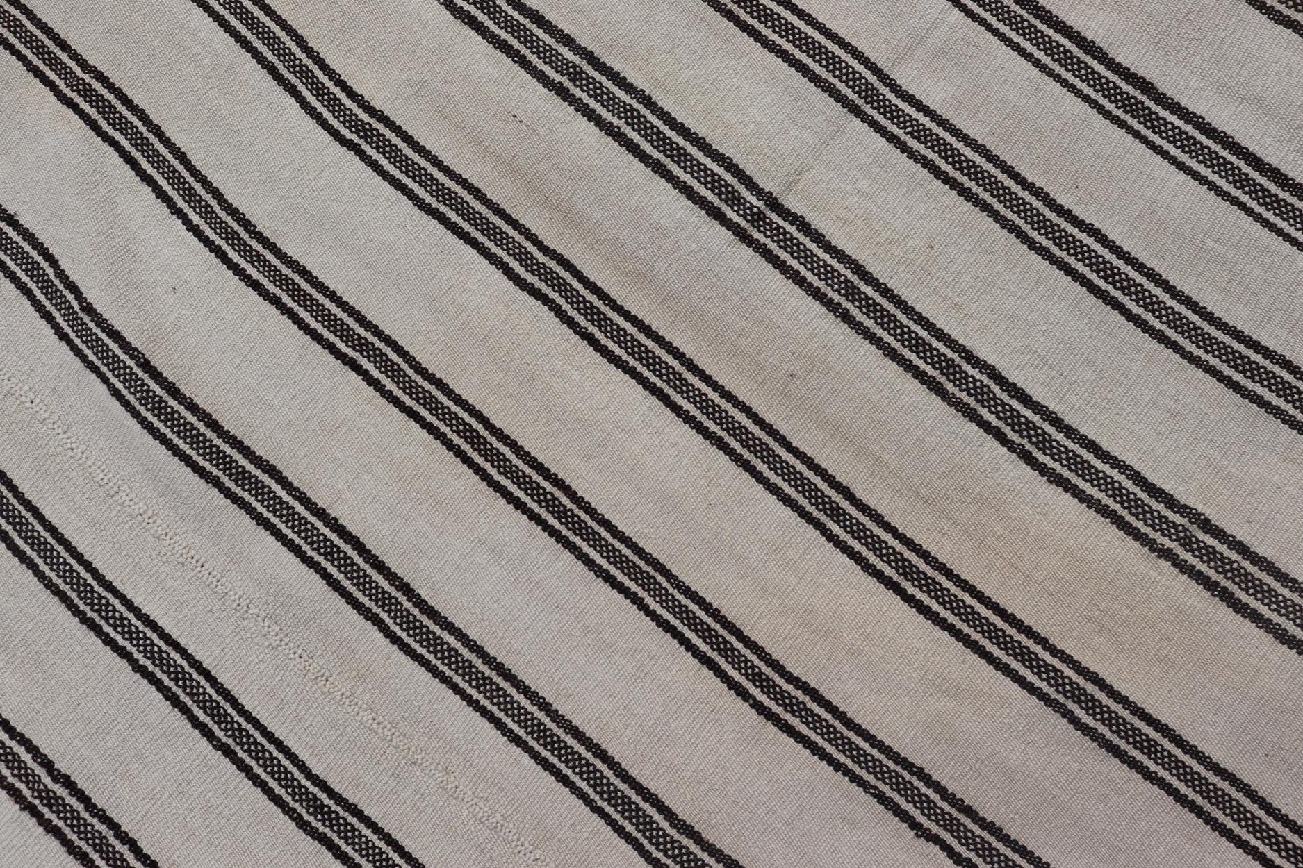 Vintage Turkish Kilim Rug Classic Black and White Stripes and Accent 8'3 x 12' For Sale 4