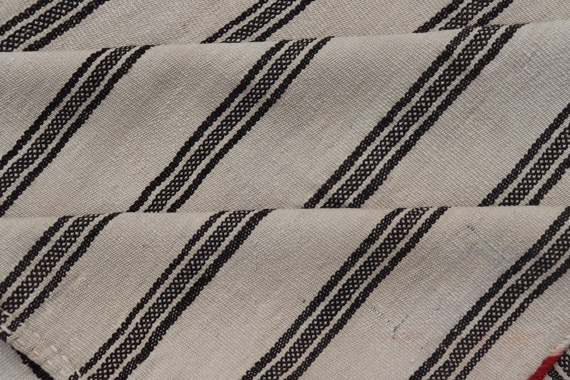Vintage Turkish Kilim Rug Classic Black and White Stripes and Accent 8'3 x 12' For Sale 5