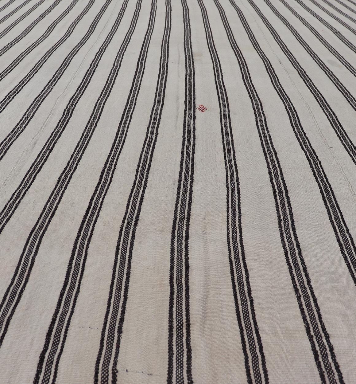 Hand-Woven Vintage Turkish Kilim Rug Classic Black and White Stripes and Accent 8'3 x 12' For Sale