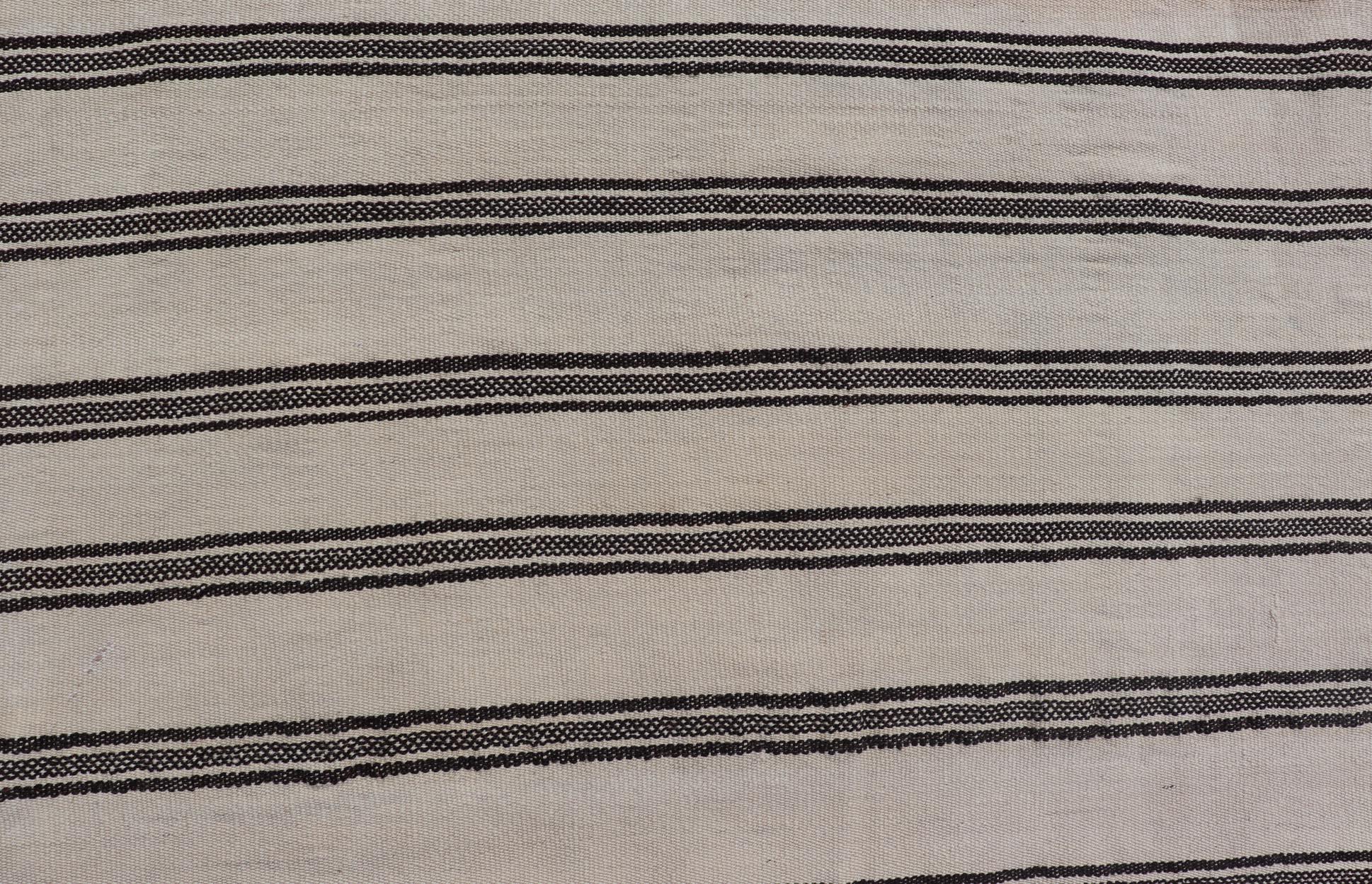 Vintage Turkish Kilim Rug Classic Black and White Stripes and Accent 8'3 x 12' In Good Condition For Sale In Atlanta, GA
