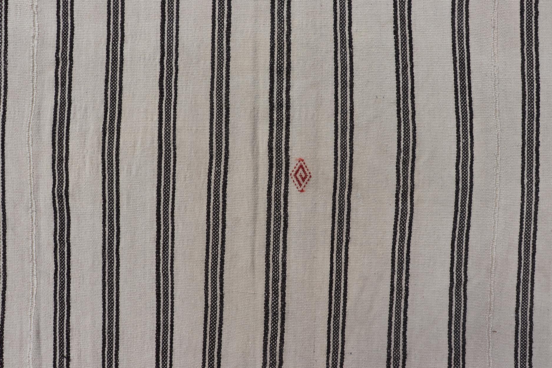 20th Century Vintage Turkish Kilim Rug Classic Black and White Stripes and Accent 8'3 x 12' For Sale