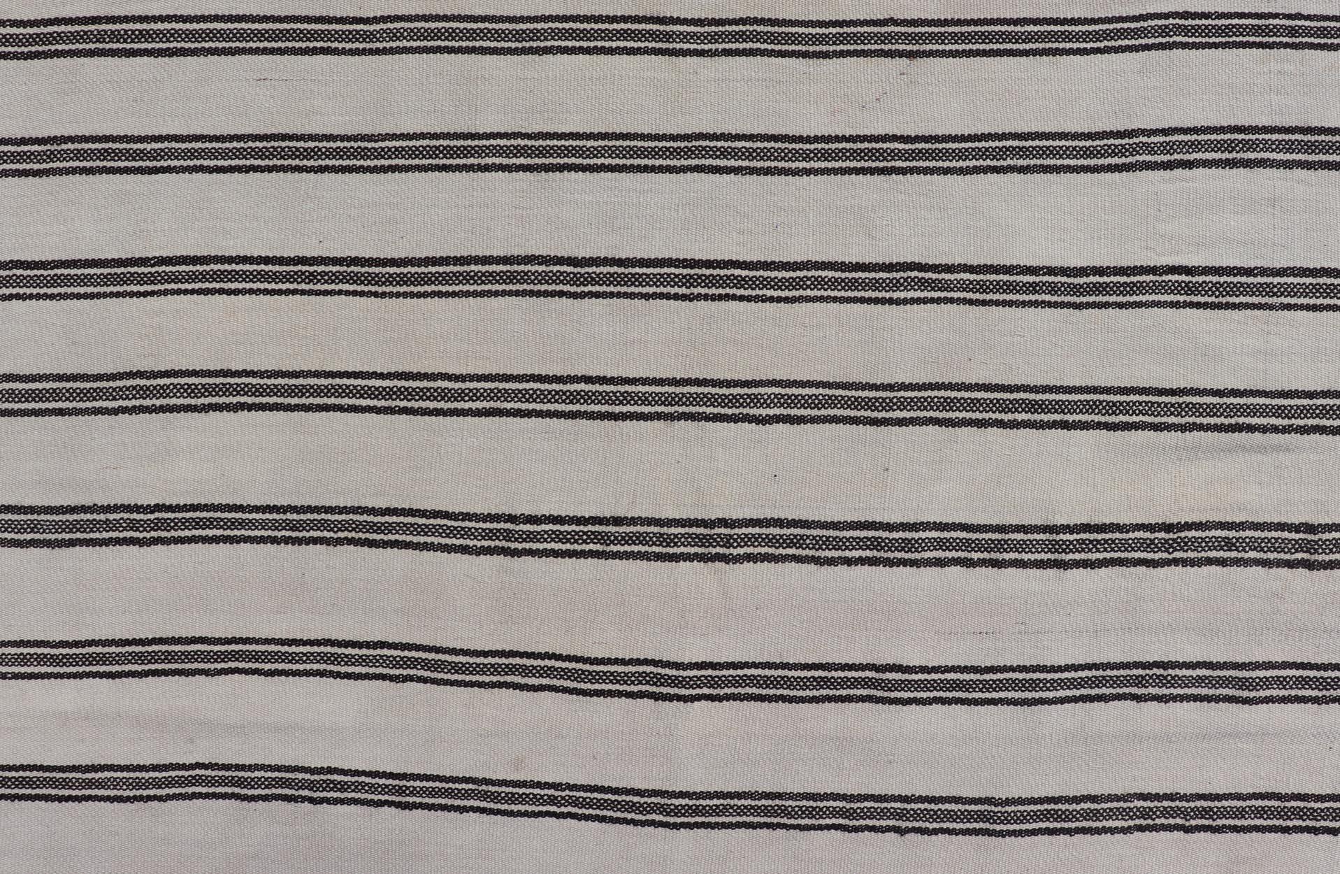Wool Vintage Turkish Kilim Rug Classic Black and White Stripes and Accent 8'3 x 12' For Sale