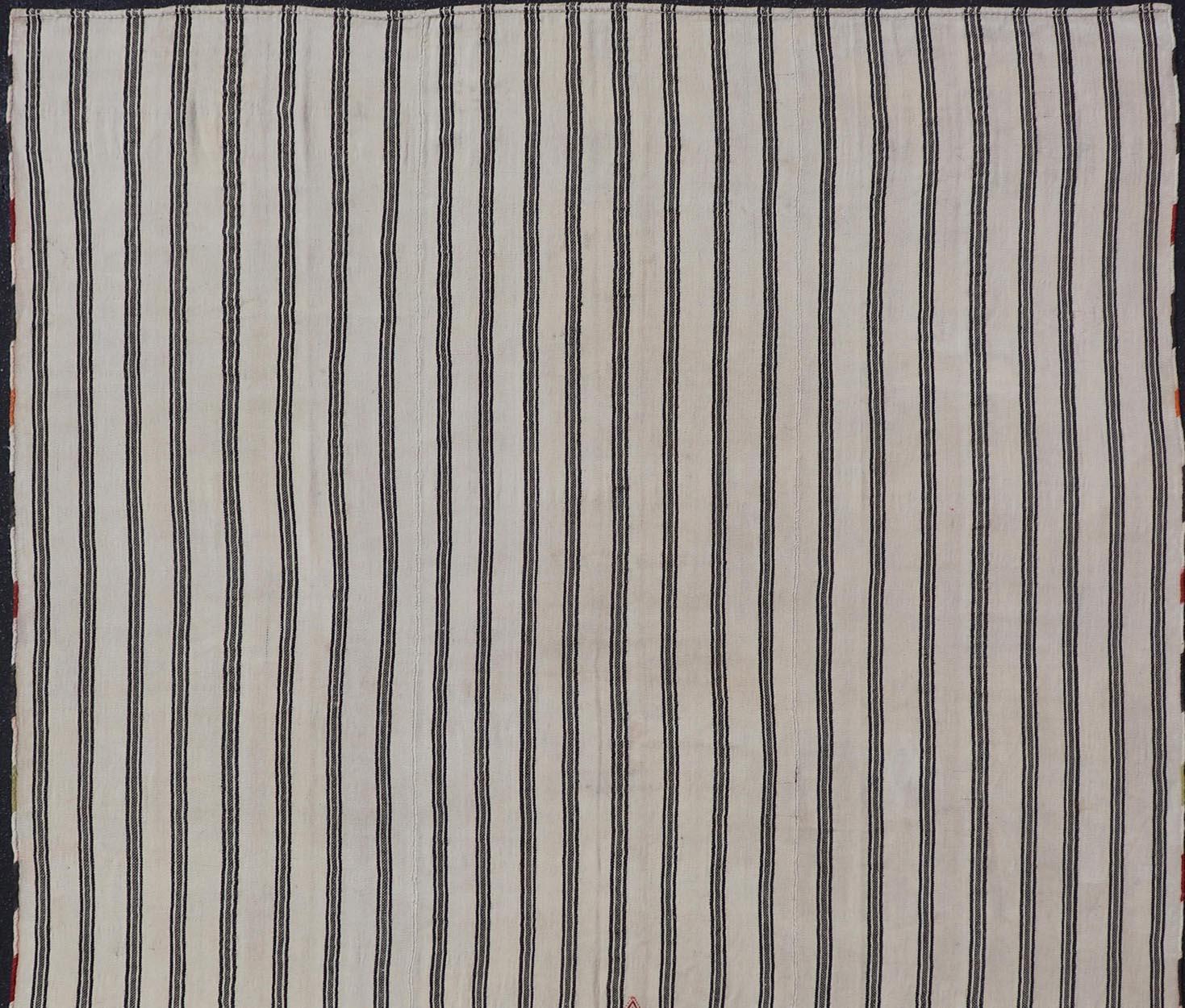 Vintage Turkish Kilim Rug Classic Black and White Stripes and Accent 8'3 x 12' For Sale 1