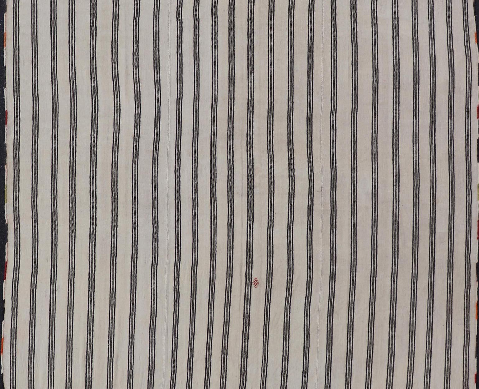 Vintage Turkish Kilim Rug Classic Black and White Stripes and Accent 8'3 x 12' For Sale 2