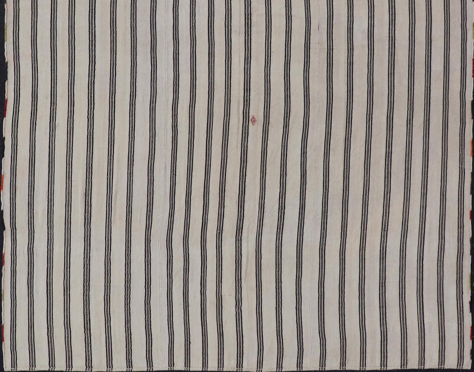 Vintage Turkish Kilim Rug Classic Black and White Stripes and Accent 8'3 x 12' For Sale 3