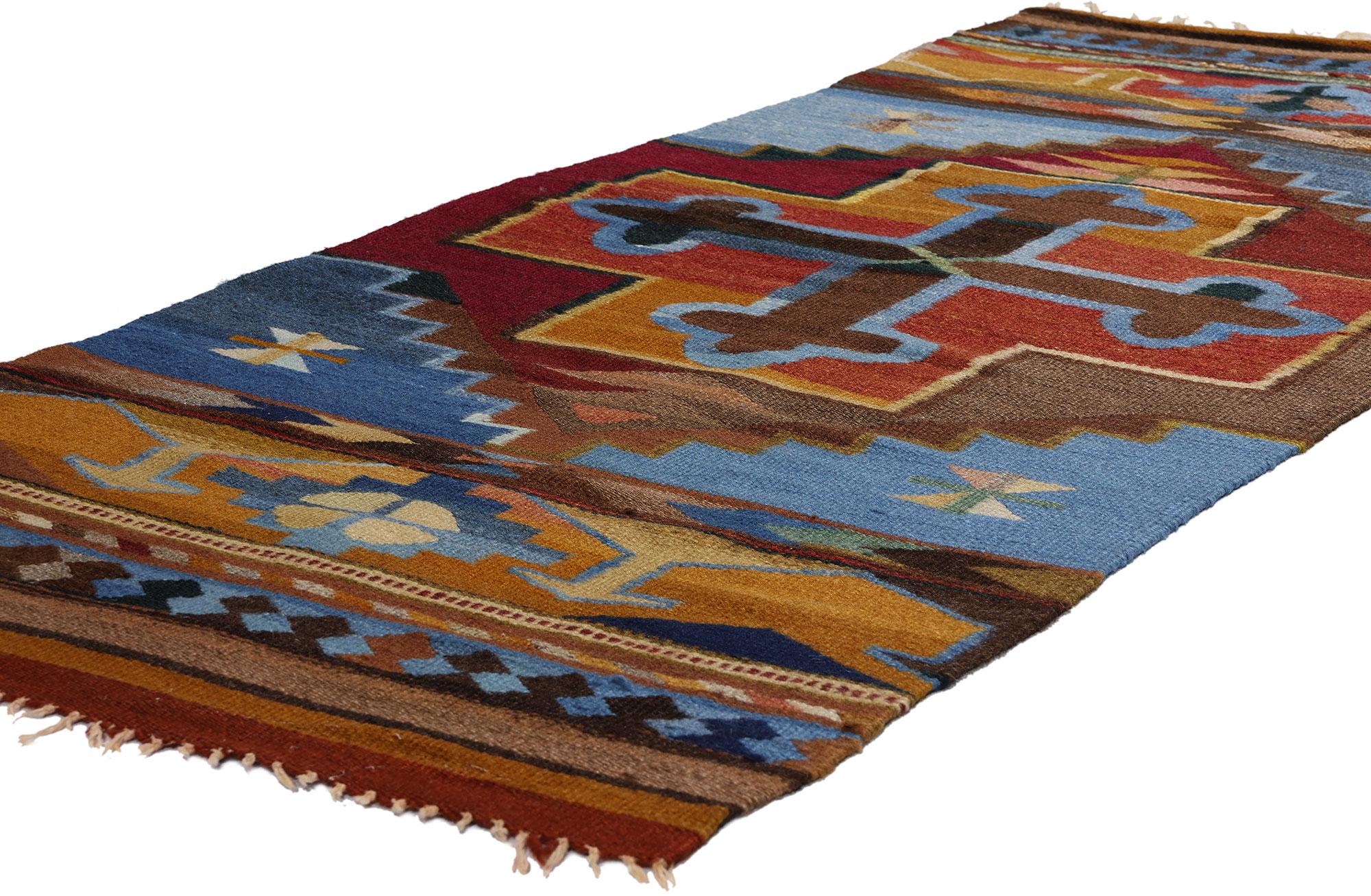 78720 Vintage Turkish Kilim Rug, 02'06 x 06'01. Originating from Turkey, kilim rugs are crafted using a unique technique that results in a flat surface without a distinct pile. Typically made from wool, Turkish kilims feature intricate and colorful