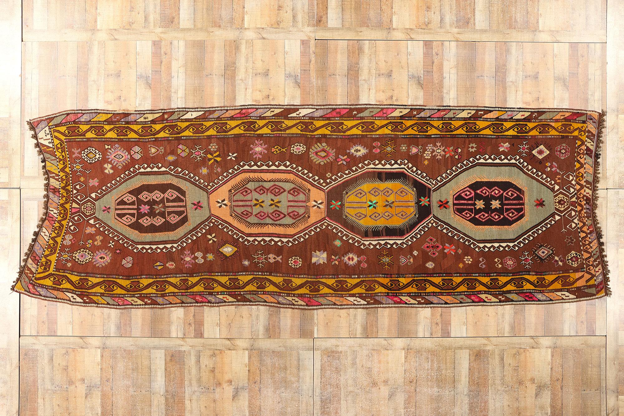  Vintage Turkish Kilim Rug, Colorful Bohemian Meets Tailor-Made Elegance For Sale 3