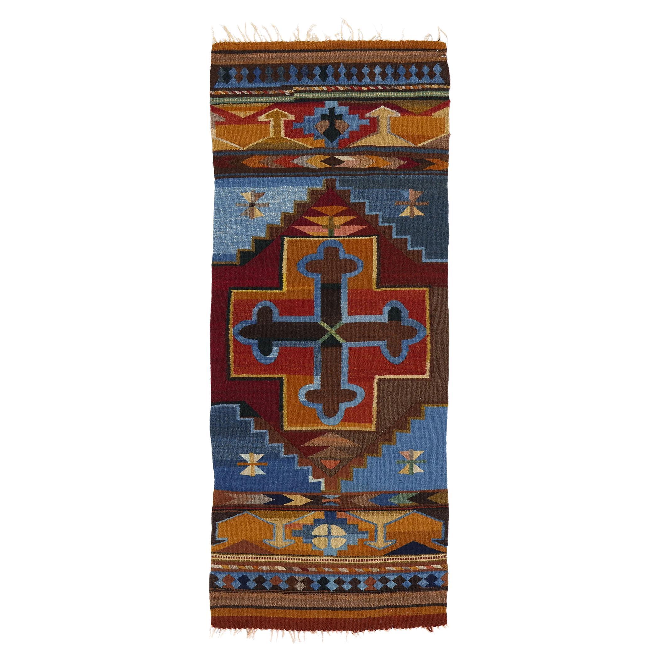  Türkischer Vintage-Kilim-Teppich, farbenfrohe Bohème trifft auf maßgeschneiderte Eleganz