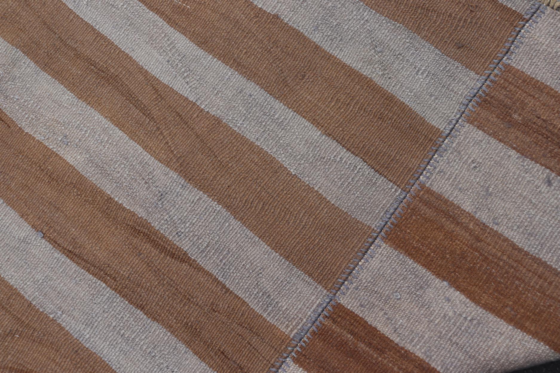 Alfombra Kilim Turca Vintage Marrón Terroso y Rayas Grises Suaves 6'0 x 9'0 3