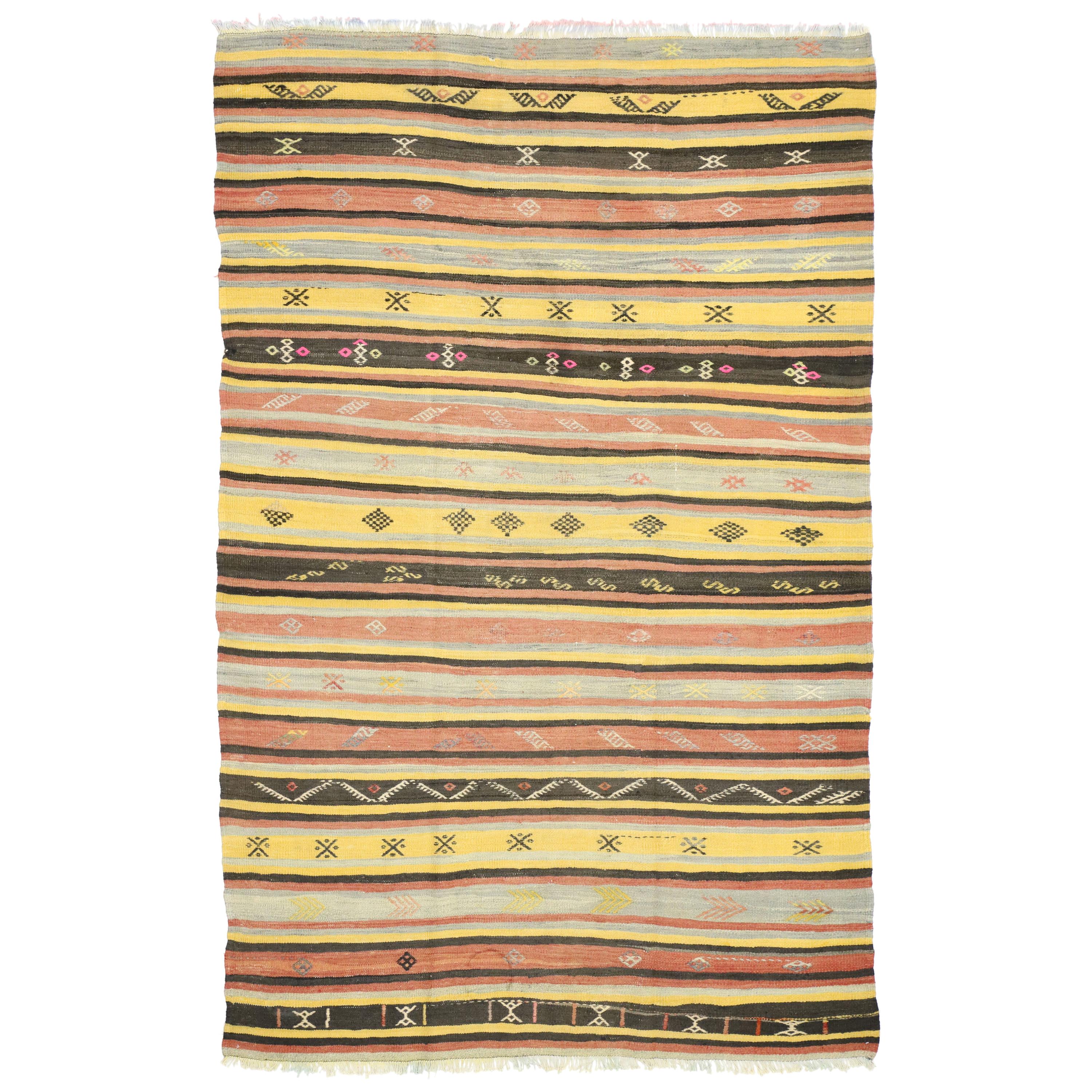 Vintage Turkish Kilim Rug, Flat-Weave Kilim Tribal Rug