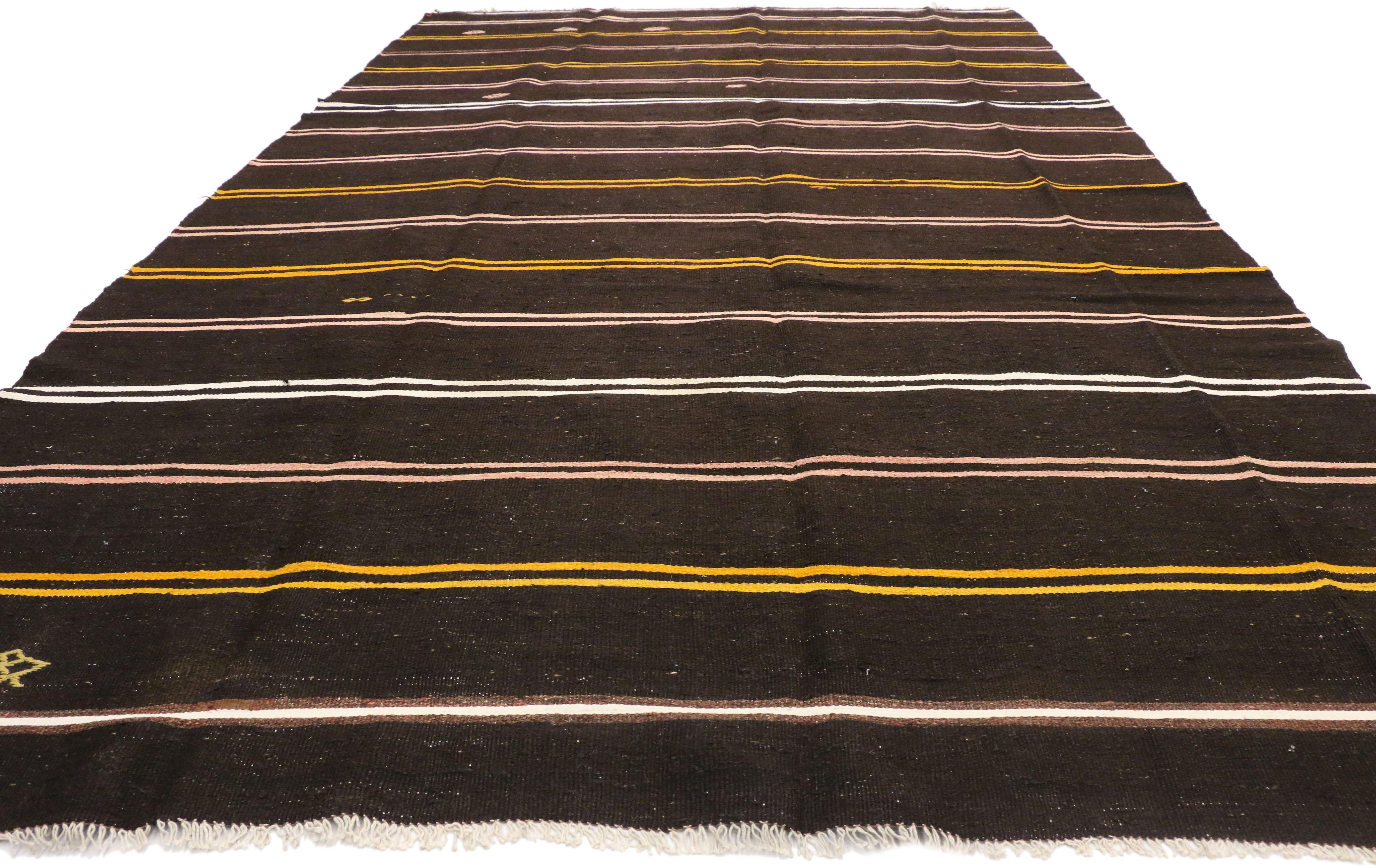 Hand-Woven Vintage Turkish Kilim Rug, Flat-Weave Striped Kilim Area Rug with Tribal Style For Sale