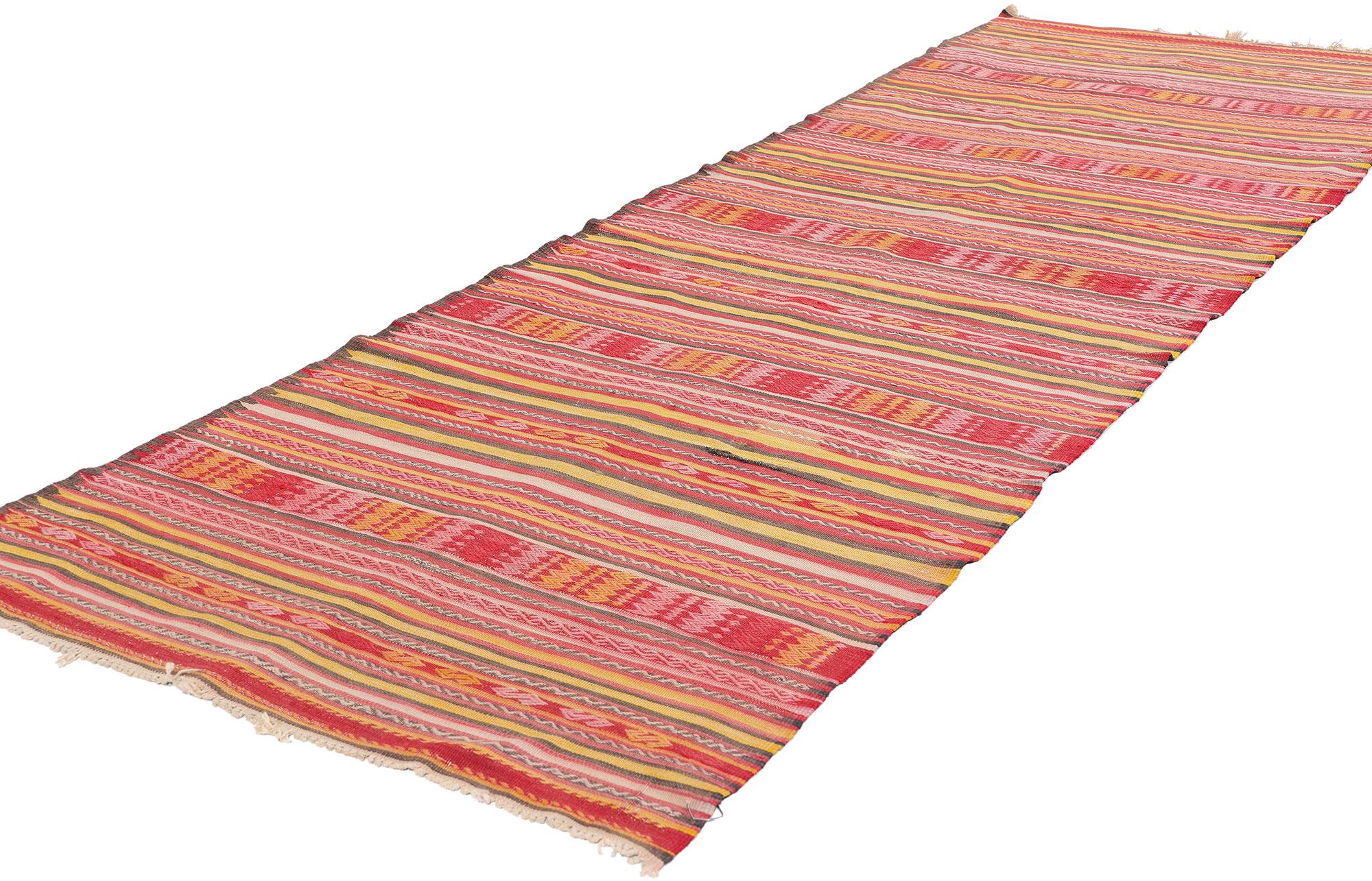 78948 Vintage Turkish Kilim Rug, 02'07 x 08'02. This handwoven wool vintage Turkish kilim rug runner offers a vibrant and captivating visual story that seamlessly weaves together cultural heritage and intricate craftsmanship. The alternating rows of