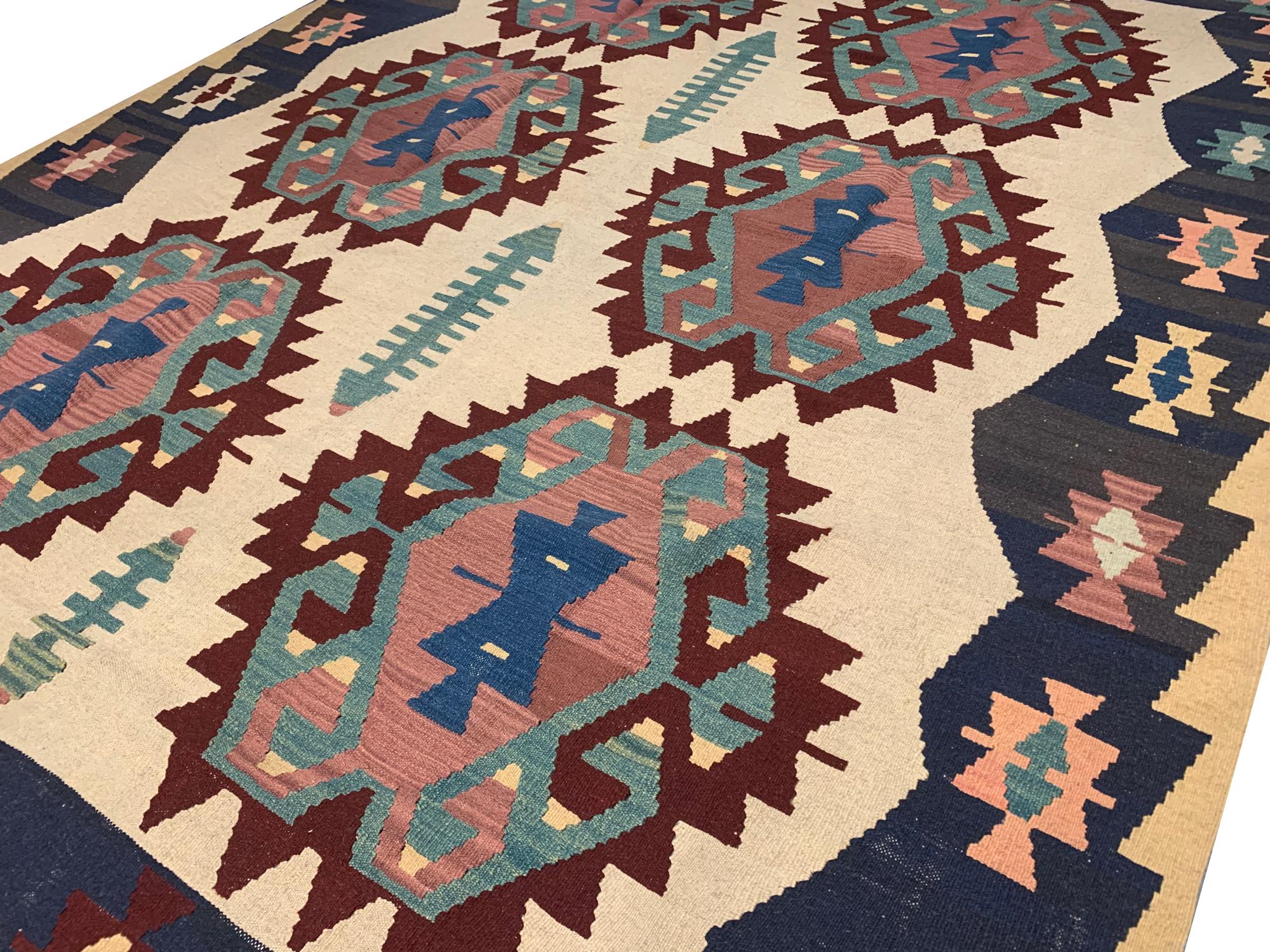 Tribal Vintage Turkish Kilim Rug Handmade Carpet Large Wool Kilims For Sale