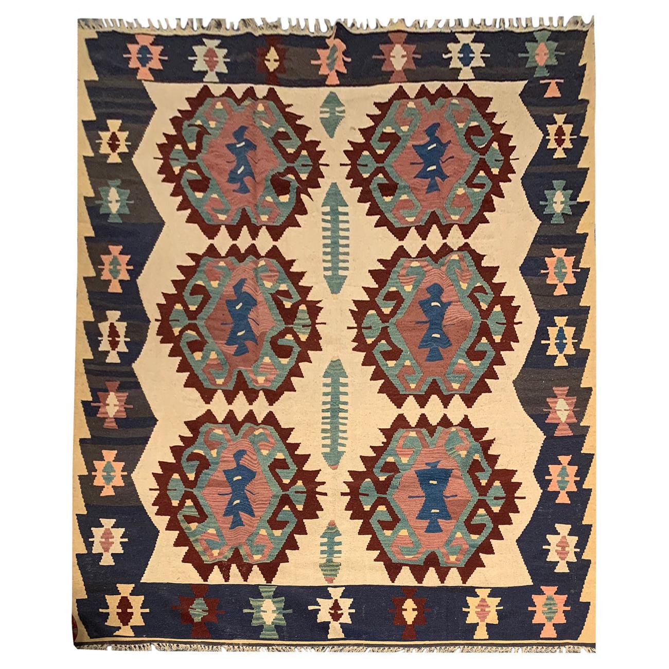 Vintage Turkish Kilim Rug Handmade Carpet Large Wool Kilims