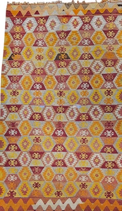 Vintage Turkish Kilim Rug, Handwoven Wool, Autumn Yellow & Red Colors, 6' x 10'