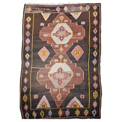 Vintage Turkish Kilim Rug, Handwoven Wool, Chocolate Brown, Green, 7' x 11'