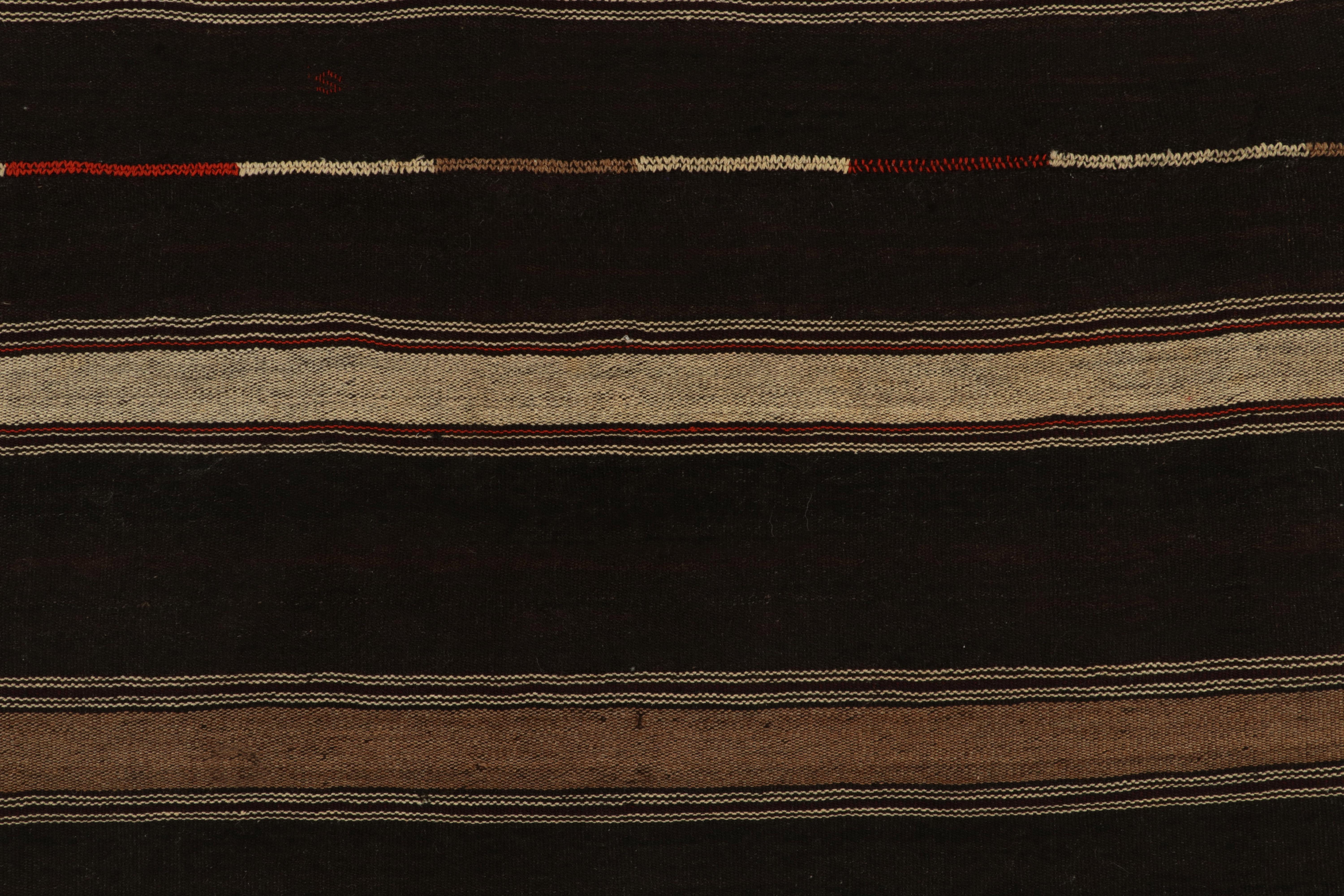 Wool Vintage Turkish Kilim rug in all Beige-Brown Stripe Patterns by Rug & Kilim For Sale
