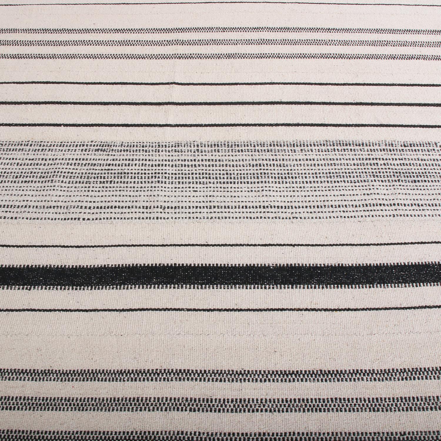 Vintage Turkish Kilim Rug in Black & White Striped Pattern by Rug & Kilim In Good Condition For Sale In Long Island City, NY