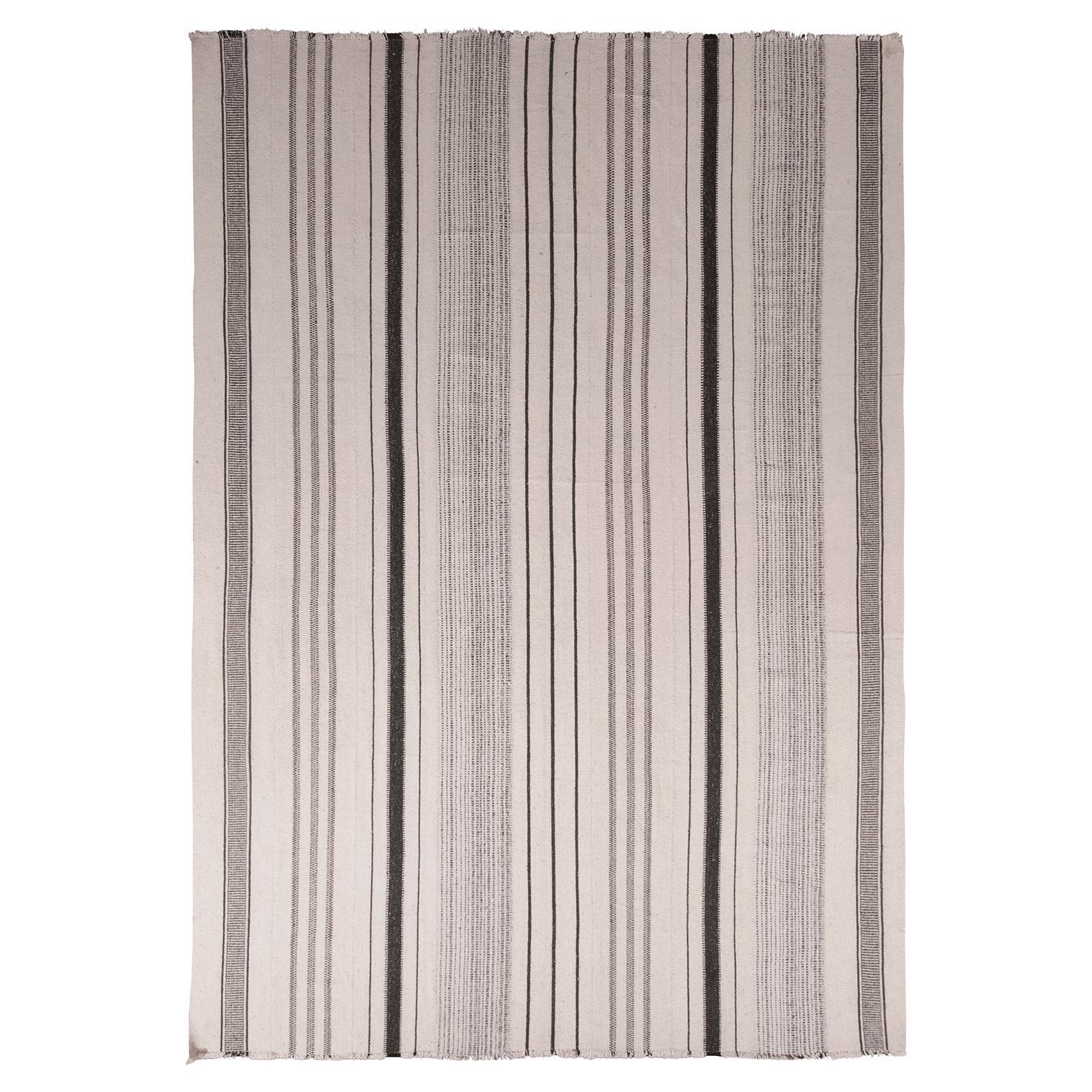 Vintage Turkish Kilim Rug in Black & White Striped Pattern by Rug & Kilim For Sale