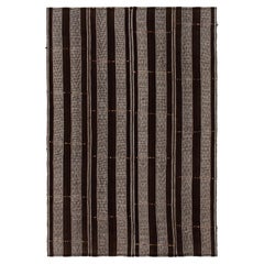 Vintage Turkish Kilim Rug in All over Brown, Black & White Striped Pattern