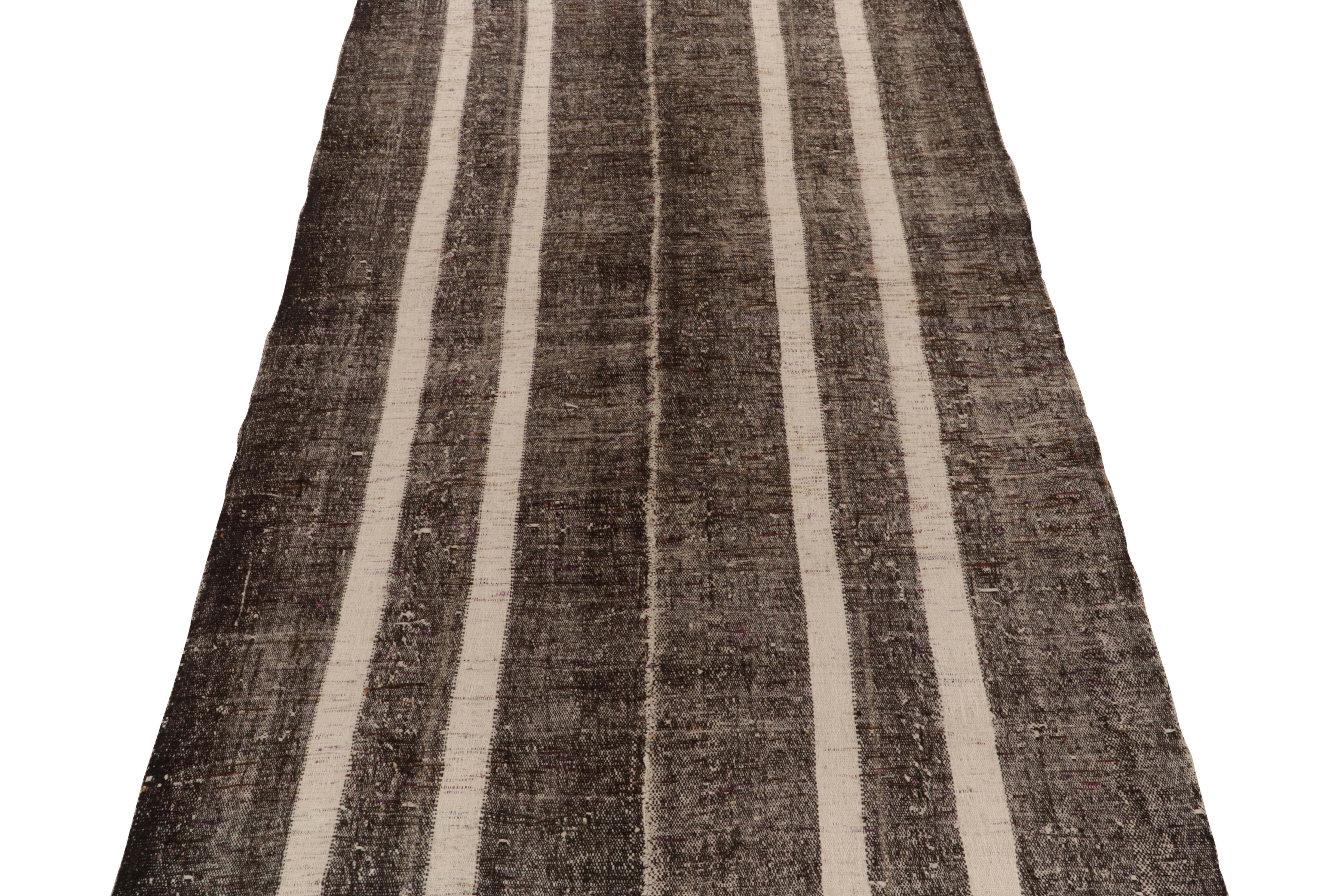 Hand-Knotted Vintage Turkish Kilim Rug in Beige-Brown Stripe Patterns by Rug & Kilim For Sale