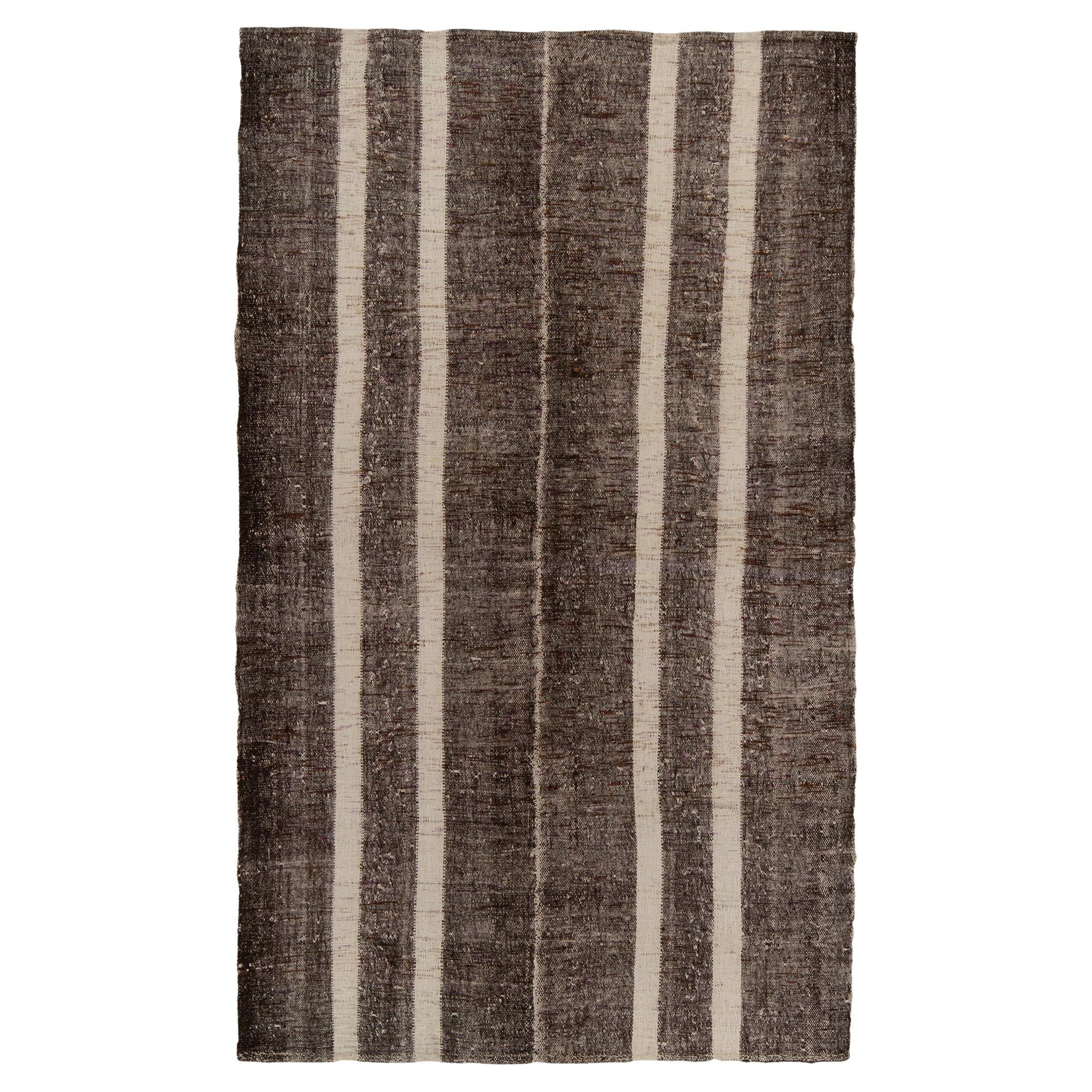 Vintage Turkish Kilim Rug in Beige-Brown Stripe Patterns by Rug & Kilim