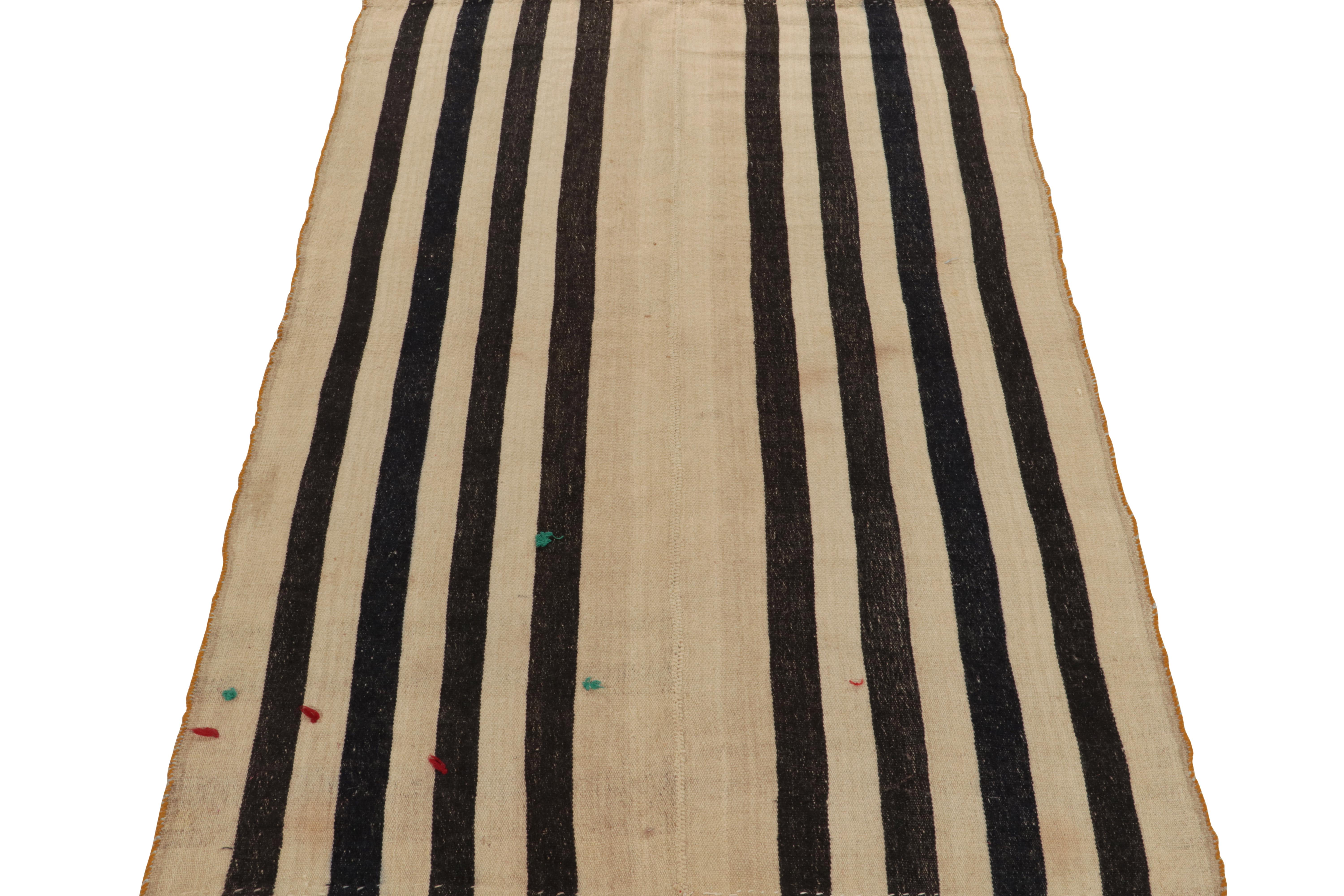 Hand-Knotted Vintage Turkish Kilim Rug in Beige-Brown & Black Stripe Pattern by Rug & Kilim For Sale
