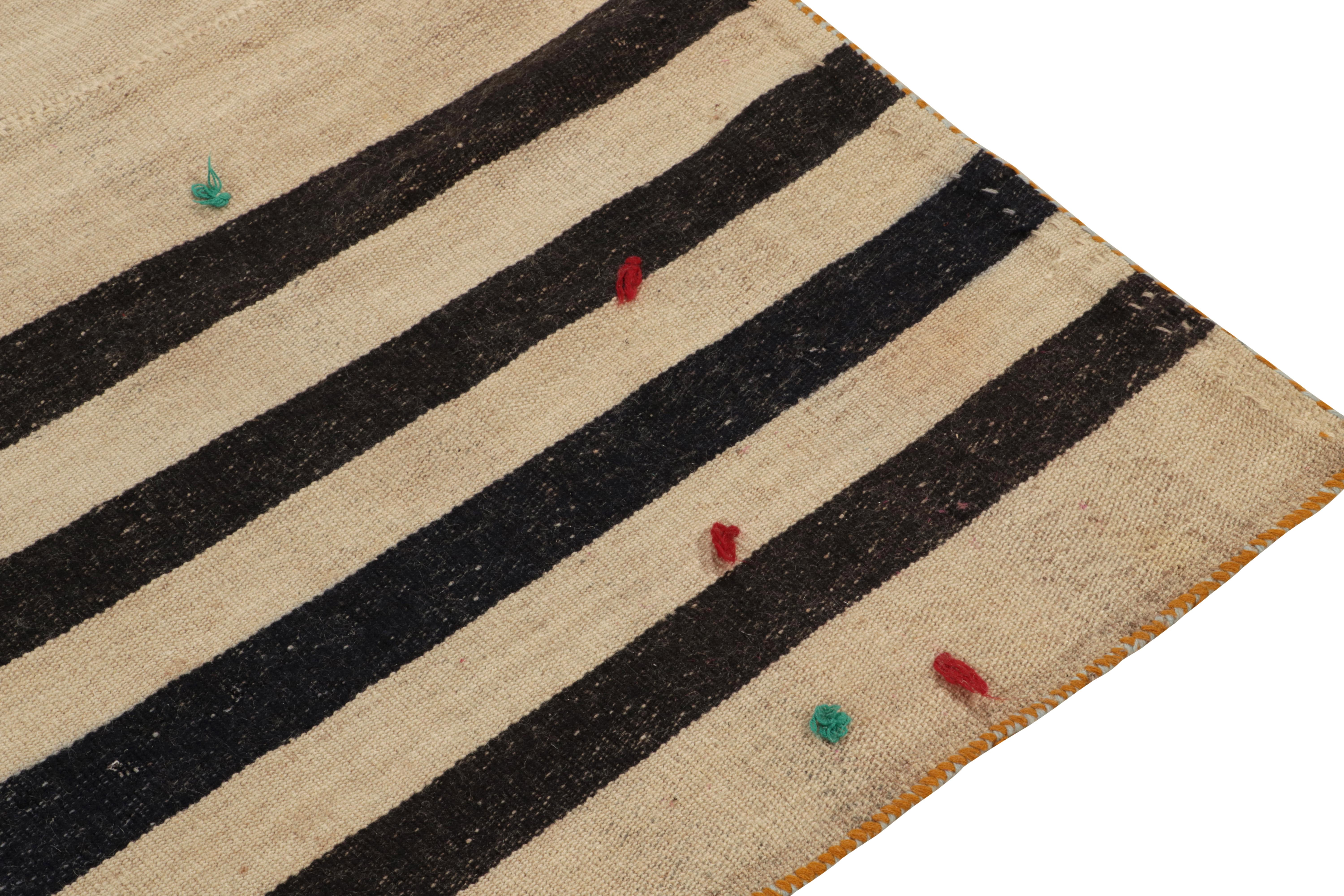 Mid-20th Century Vintage Turkish Kilim Rug in Beige-Brown & Black Stripe Pattern by Rug & Kilim For Sale