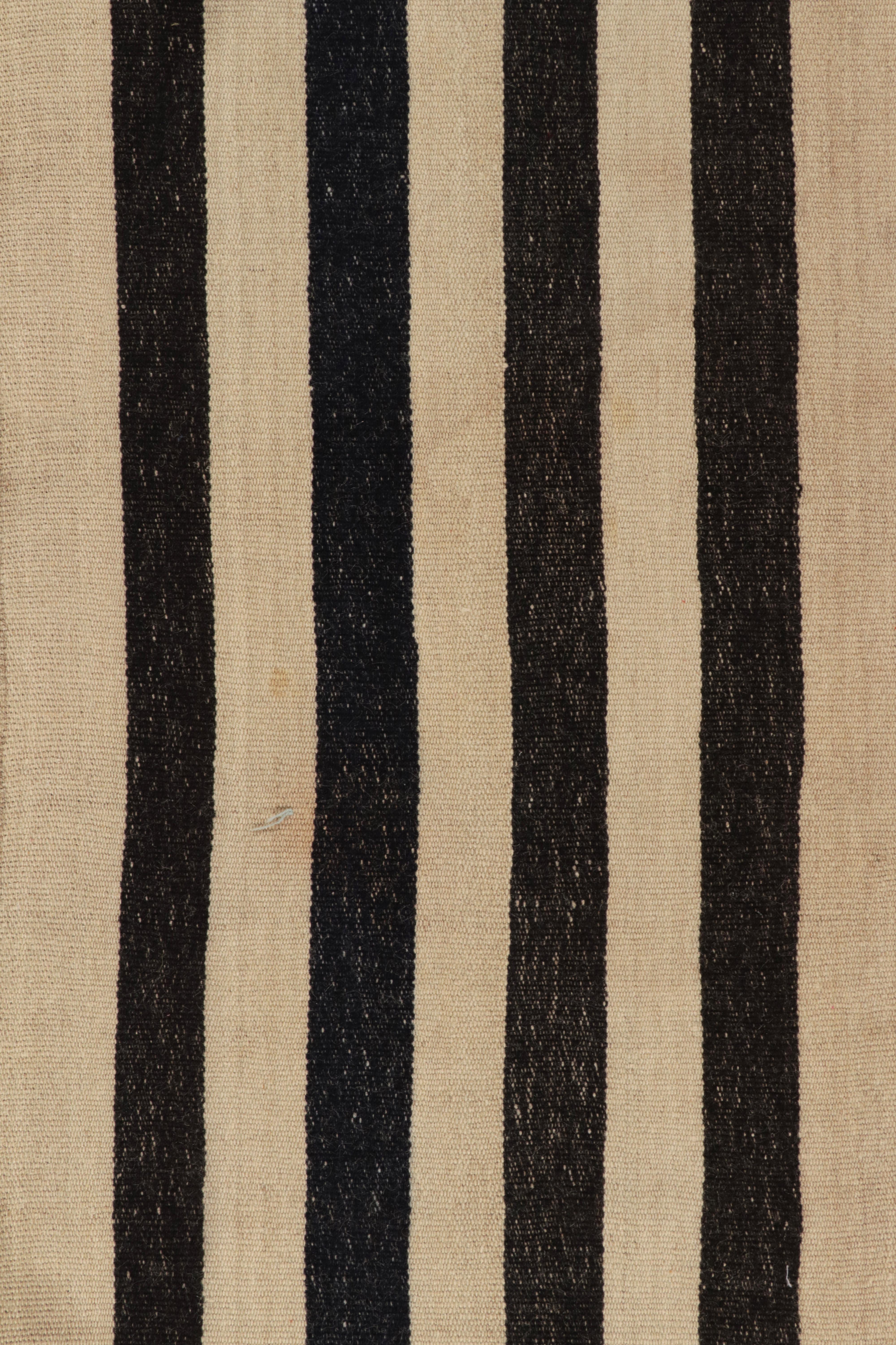 Wool Vintage Turkish Kilim Rug in Beige-Brown & Black Stripe Pattern by Rug & Kilim For Sale