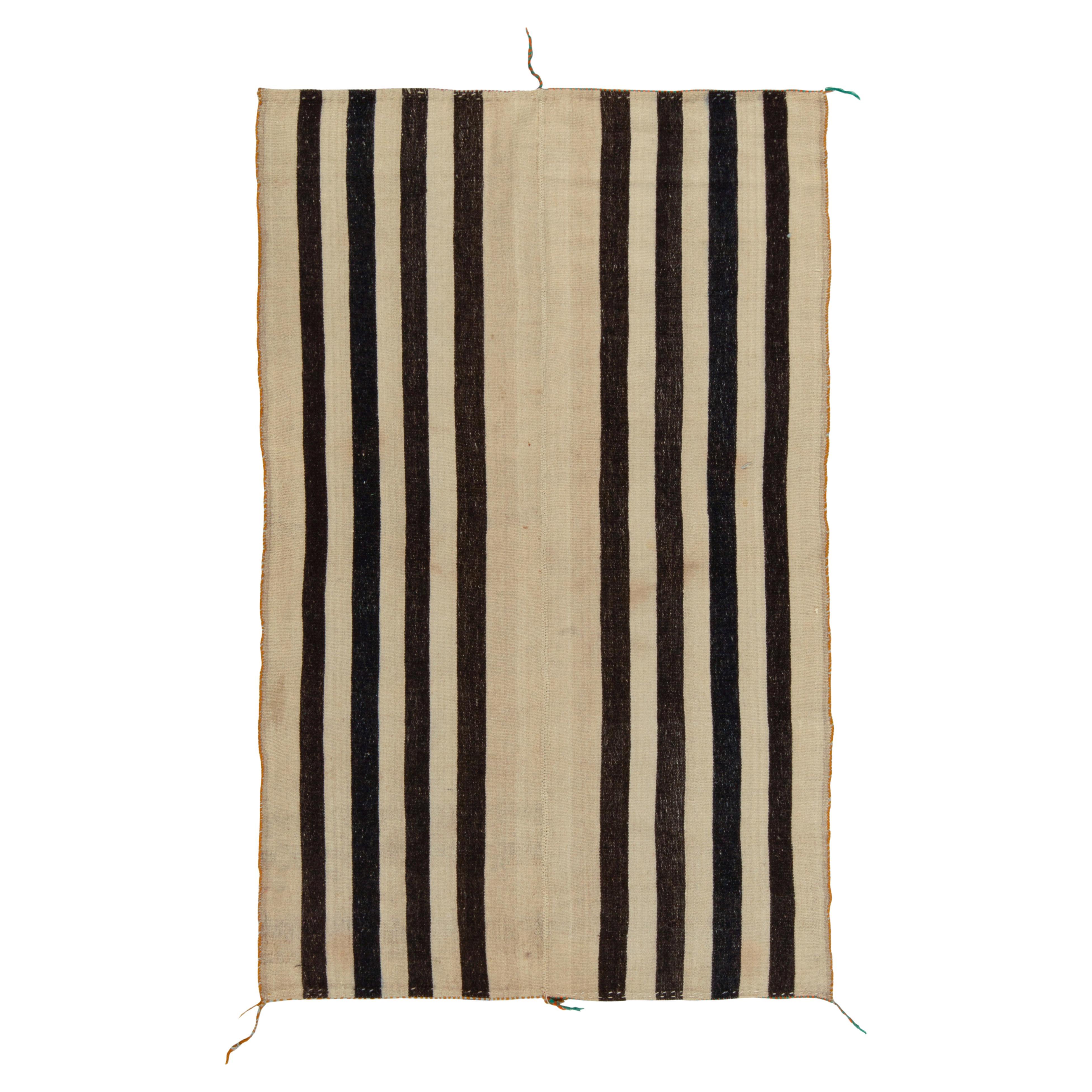 Vintage Turkish Kilim Rug in Beige-Brown & Black Stripe Pattern by Rug & Kilim For Sale