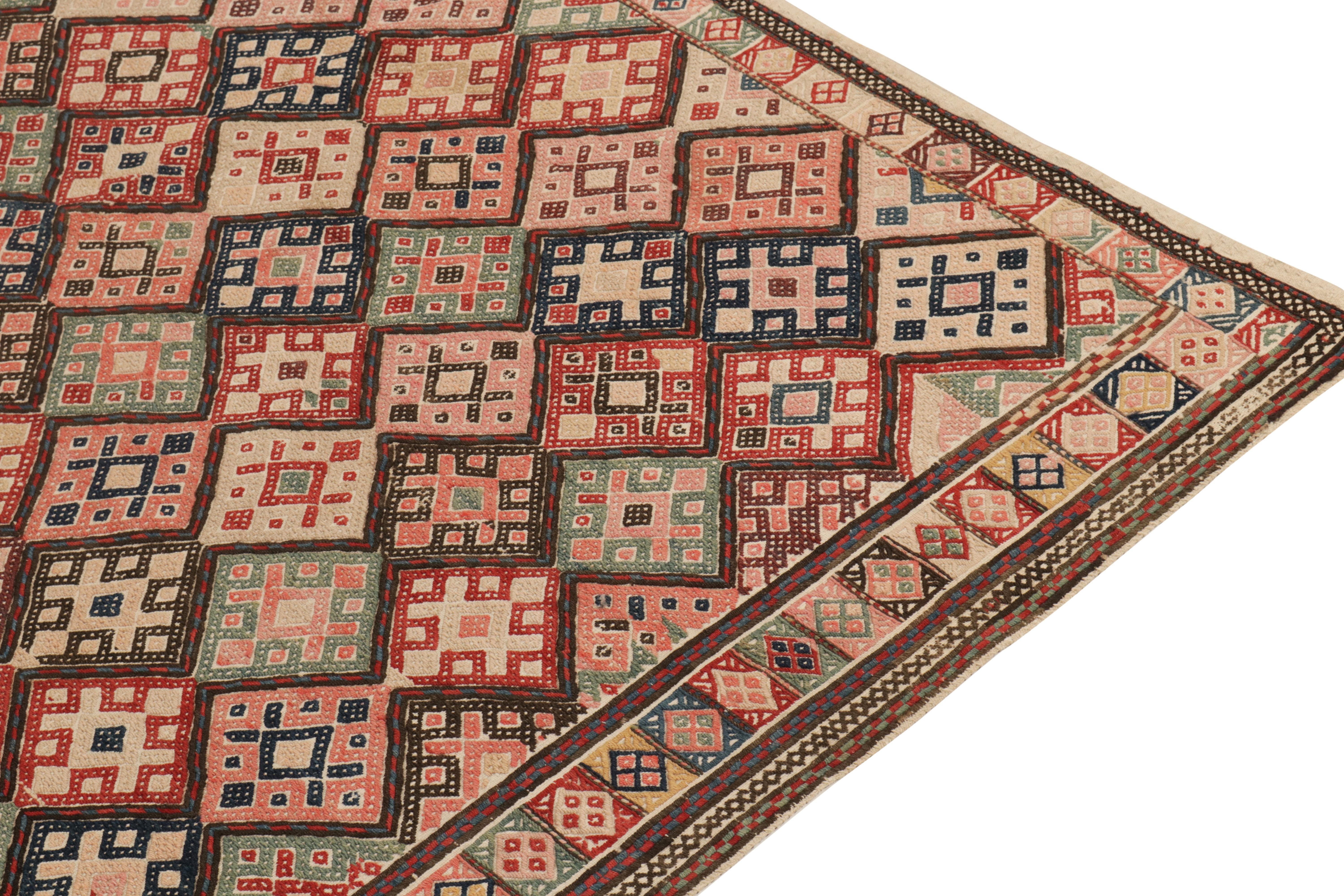 Wool Vintage Turkish Kilim Rug in Beige, Pink Tribal Geometric Pattern by Rug & Kilim
