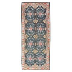 Türkischer Vintage-Kilim-Teppich in Blau, Koralle, Elfenbein und Olive 5'7 x 14'2