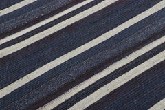 Vintage Turkish Kilim Rug in Navy Blue, Black & White Stripes - Rug & Kilim