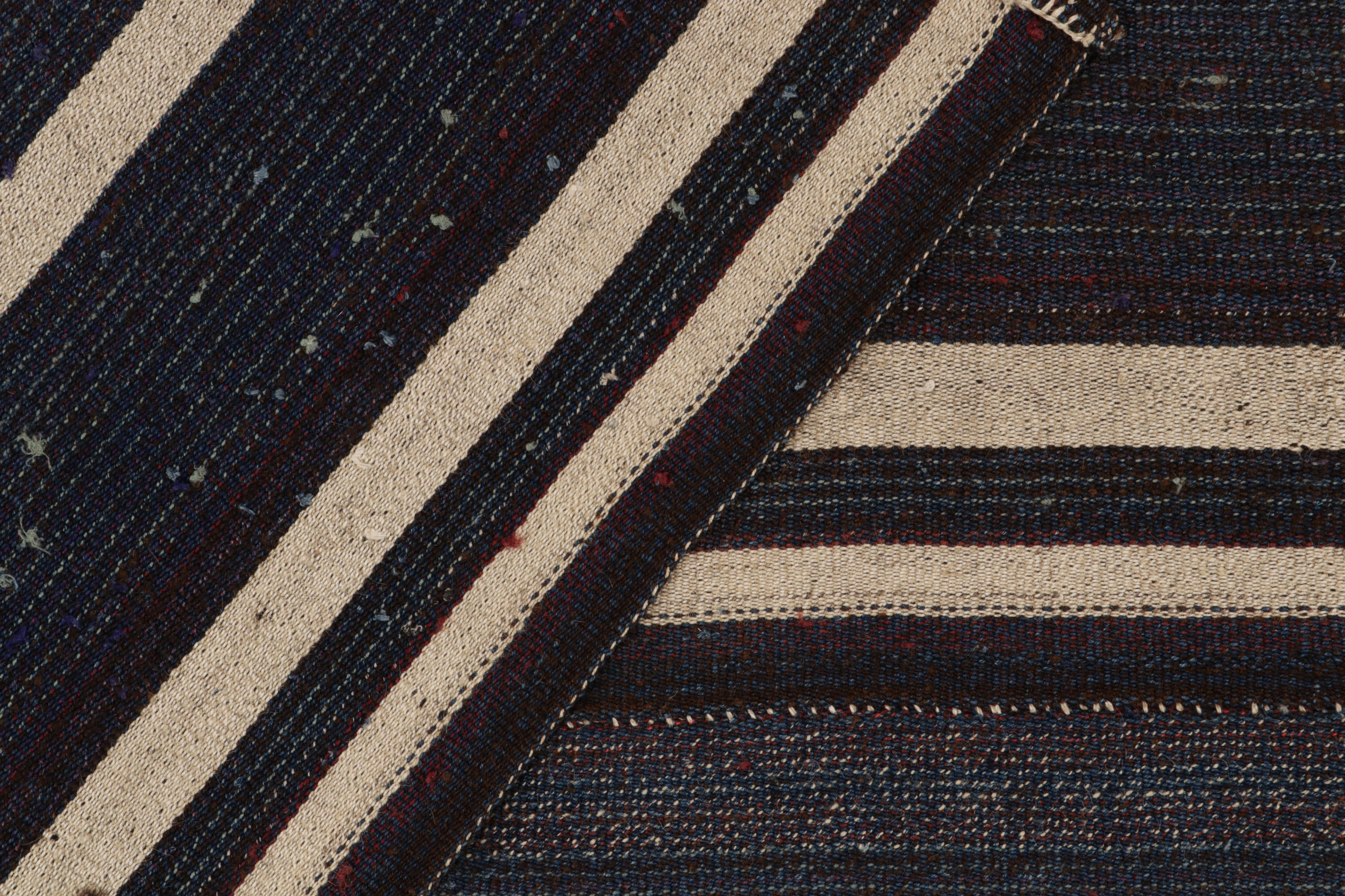 Wool Vintage Turkish Kilim Rug in Blue, Purple & White Stripe Pattern by Rug & Kilim For Sale