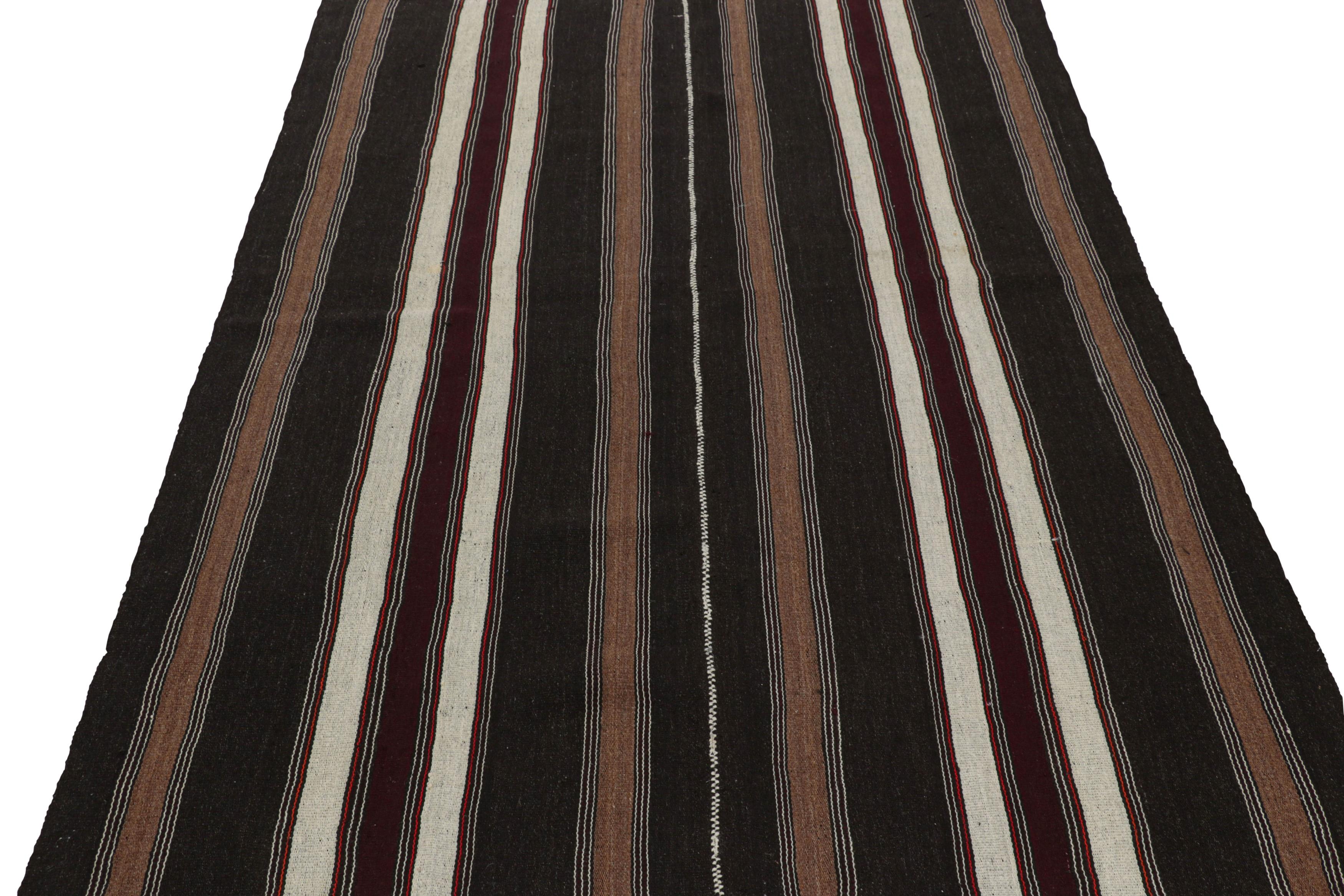 Mid-20th Century Vintage Turkish Kilim Rug in Brown, Black & White Stripes - Rug & Kilim For Sale