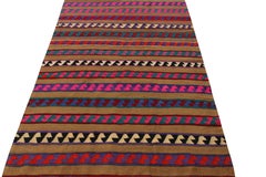 Vintage Turkish Kilim Rug in Brown, Rare Pink Stripe Pattern by Rug & Kilim