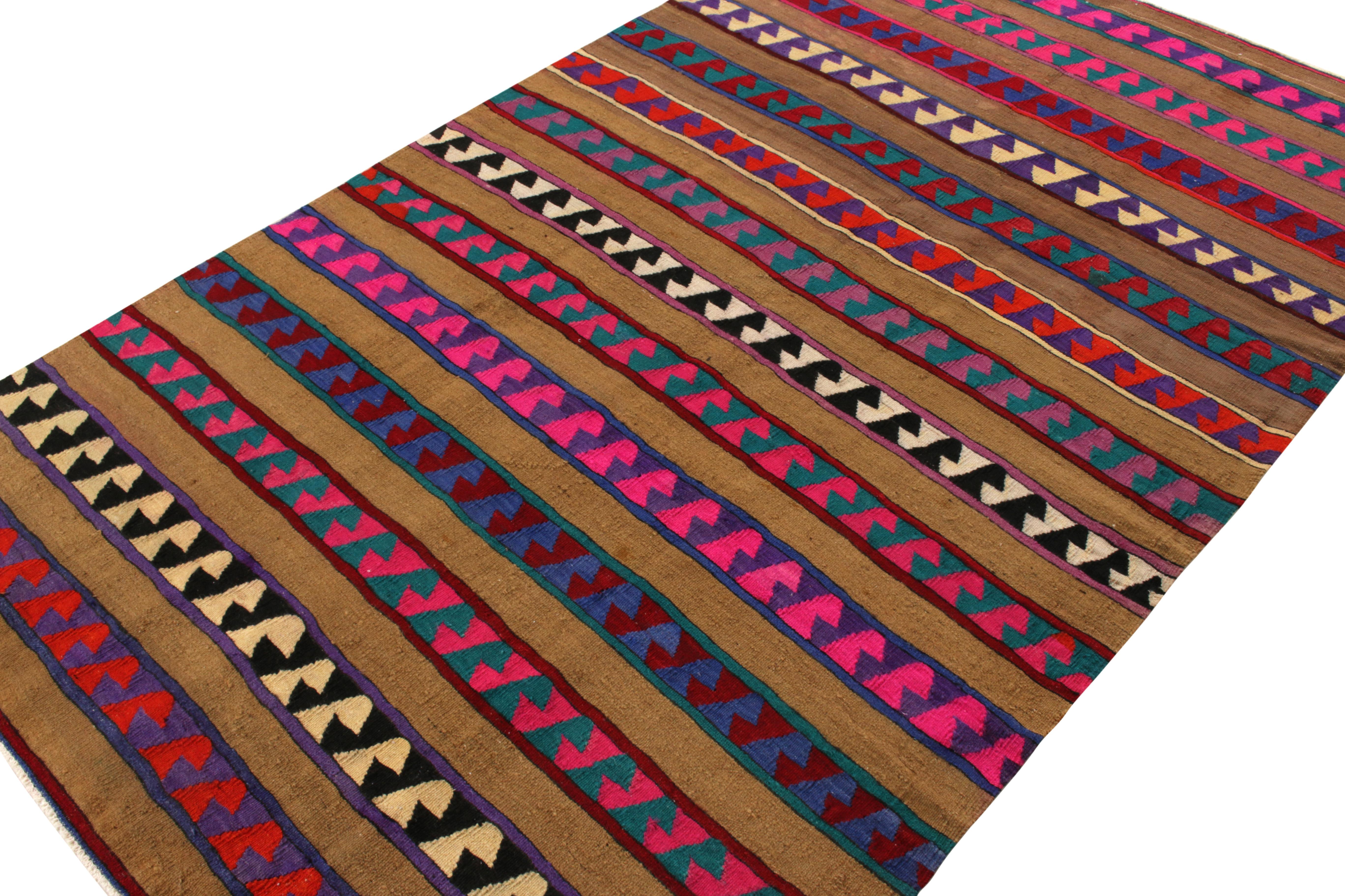 Hand-Knotted Vintage Turkish Kilim Rug in Brown, Rare Pink Stripe Pattern by Rug & Kilim For Sale