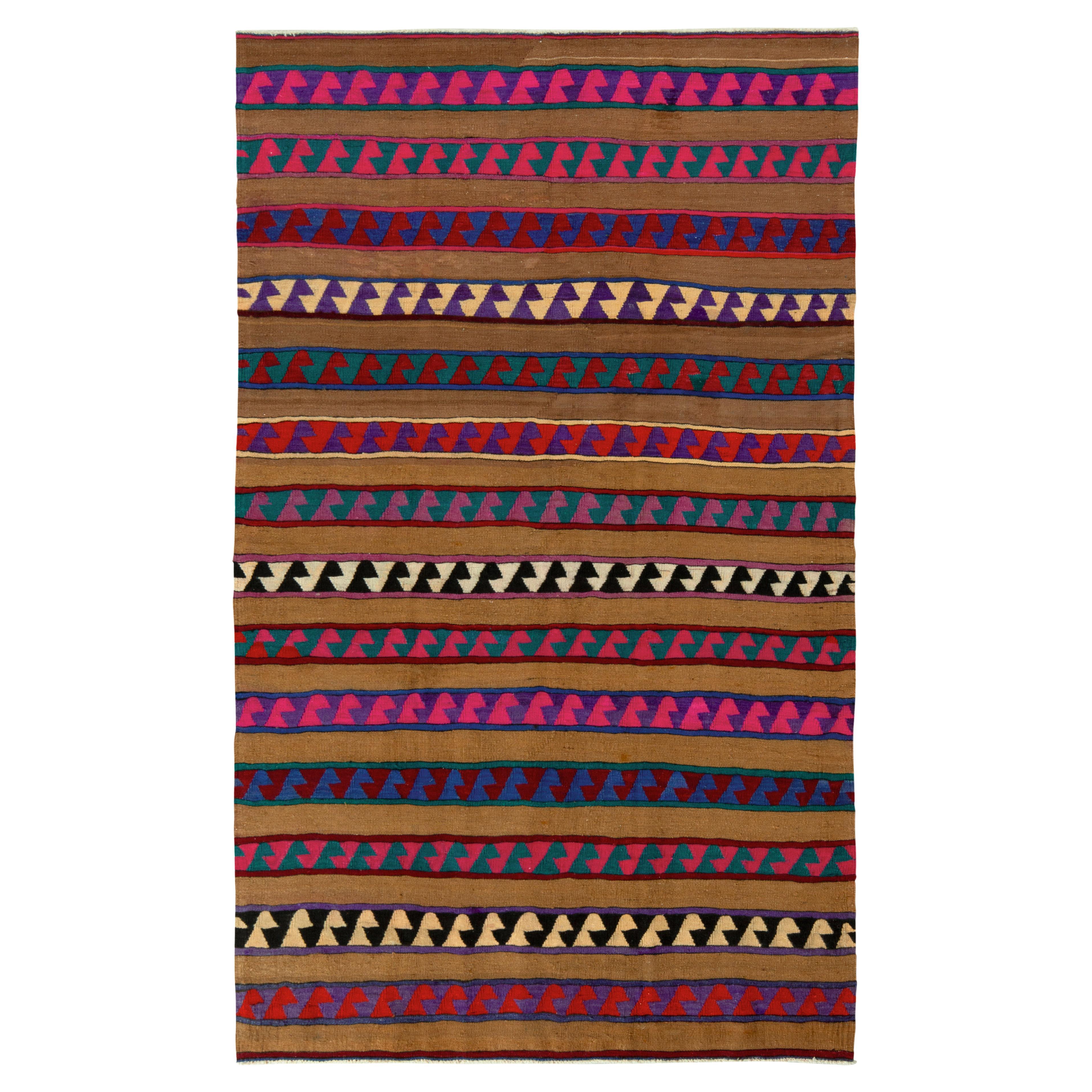 Vintage Turkish Kilim Rug in Brown, Rare Pink Stripe Pattern by Rug & Kilim For Sale