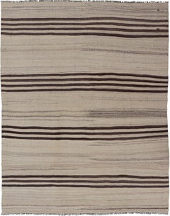 Vintage Turkish Kilim Rug in Cream and Deep Brown Striped Design