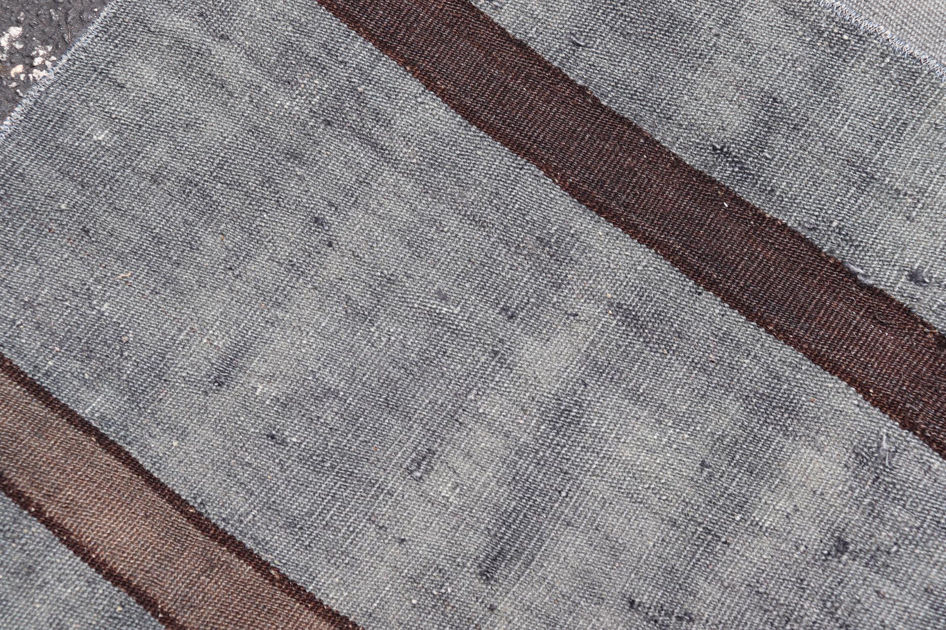 Hand-Woven Vintage Turkish Kilim Rug in Gray with Dark Brown Horizontal Stripe 2'10 x 3'0 For Sale