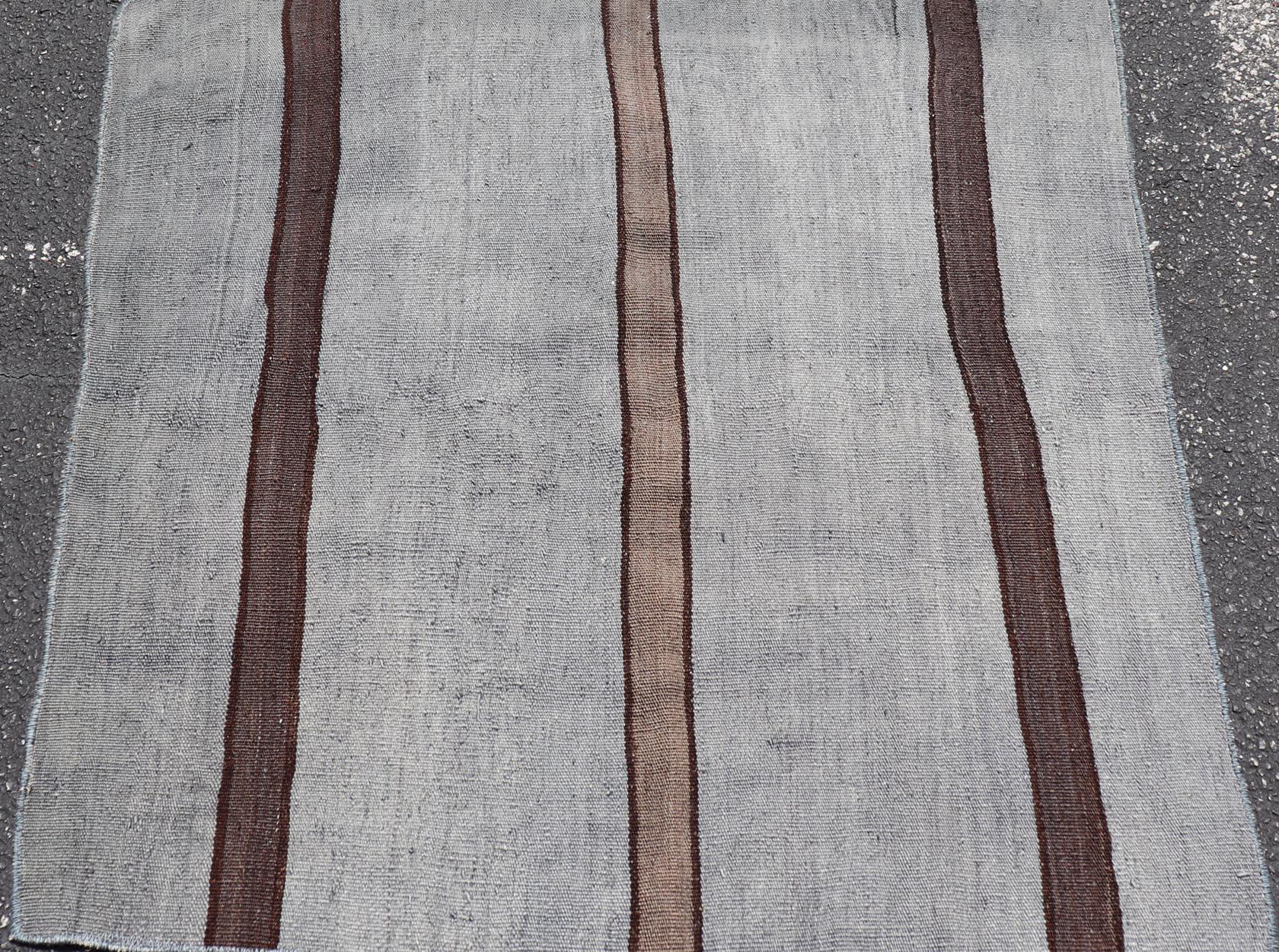 20th Century Vintage Turkish Kilim Rug in Gray with Dark Brown Horizontal Stripe 2'10 x 3'0 For Sale