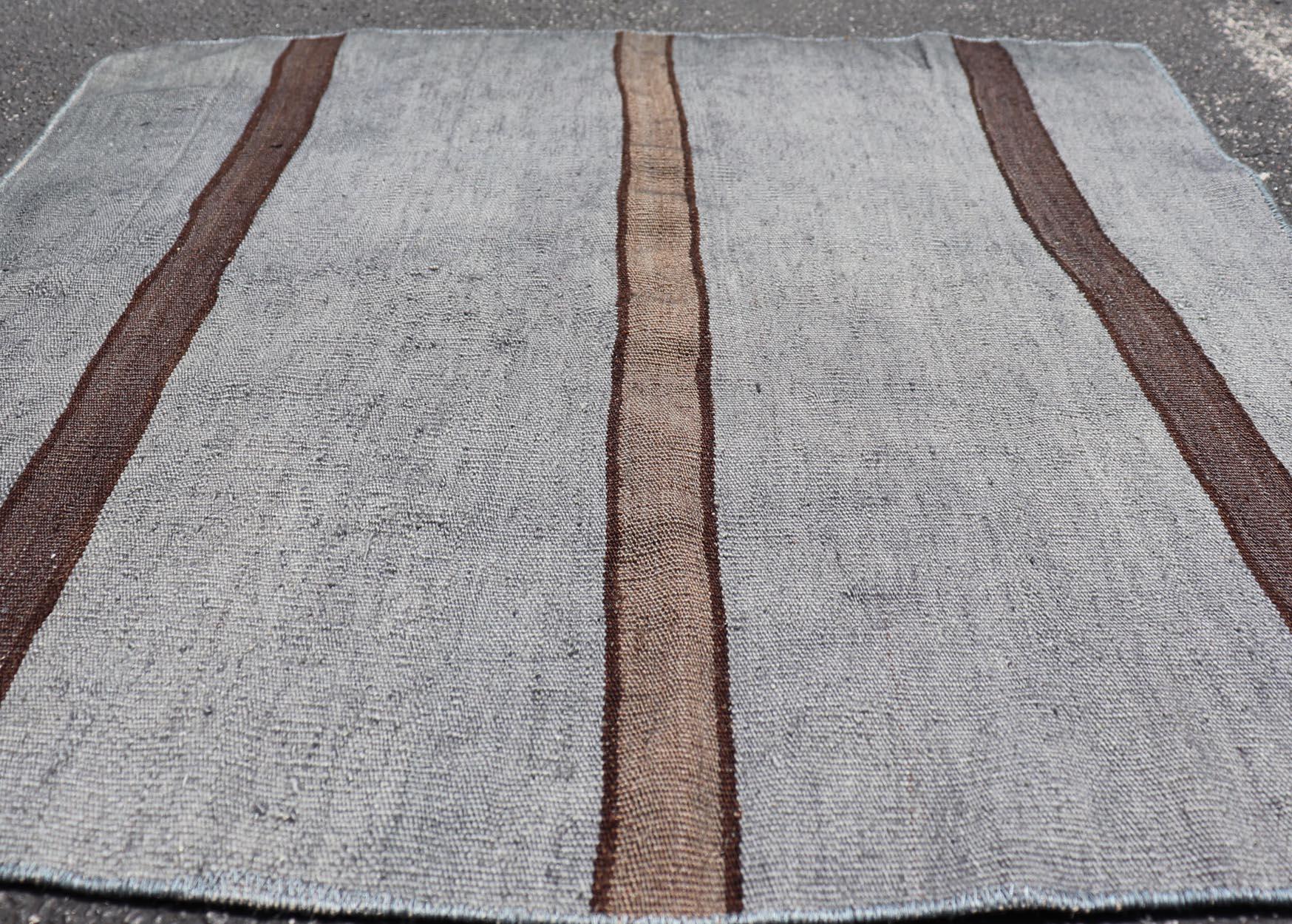 Wool Vintage Turkish Kilim Rug in Gray with Dark Brown Horizontal Stripe 2'10 x 3'0 For Sale