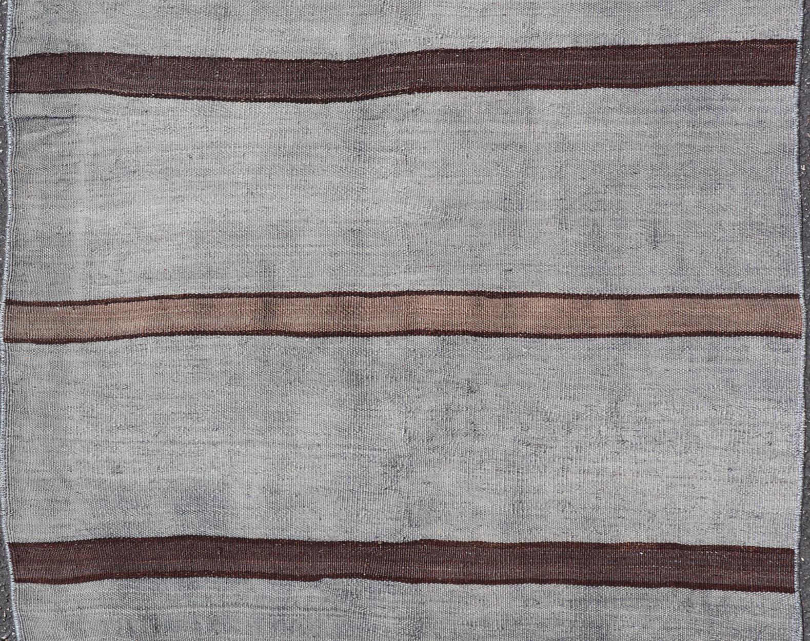 Vintage Turkish Kilim Rug in Gray with Dark Brown Horizontal Stripe 2'10 x 3'0 For Sale 1