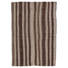Vintage Turkish Kilim Rug in Ivory and Deep Brown Striped Design