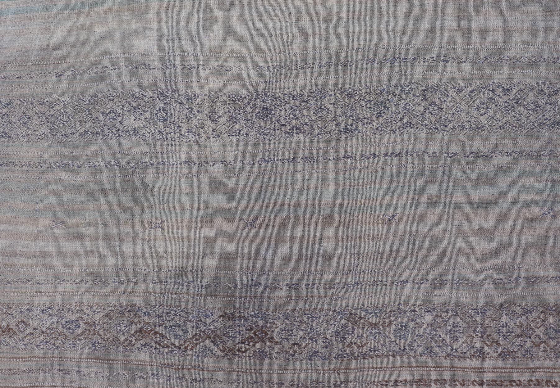 Measures: 5'2 x 9'2 
Vintage Turkish Kilim Rug In Muted Pastel Hues and Geometric Patterns 5'2 x 9'2.Keivan Woven Arts / Rug / EN-14145 Country of origin / type: Turkey / Kilim 

Vintage Turkish Kilim Rug exudes a quiet elegance its soft pastel hues