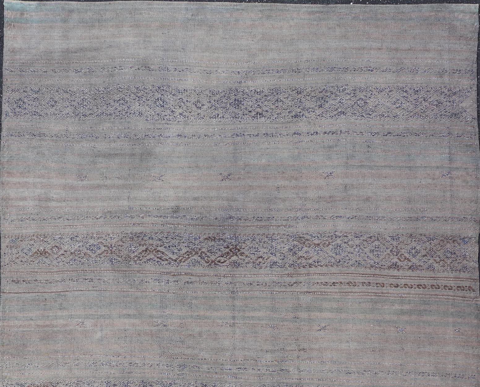 Hand-Woven Vintage Turkish Kilim Rug In Muted Pastel Hues and Geometric Patterns 5'2 x 9'2 For Sale