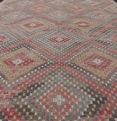 Vintage Turkish Kilim Rug in Red, Beige, and Olive Diamond Pattern 7'1 x 11'0
